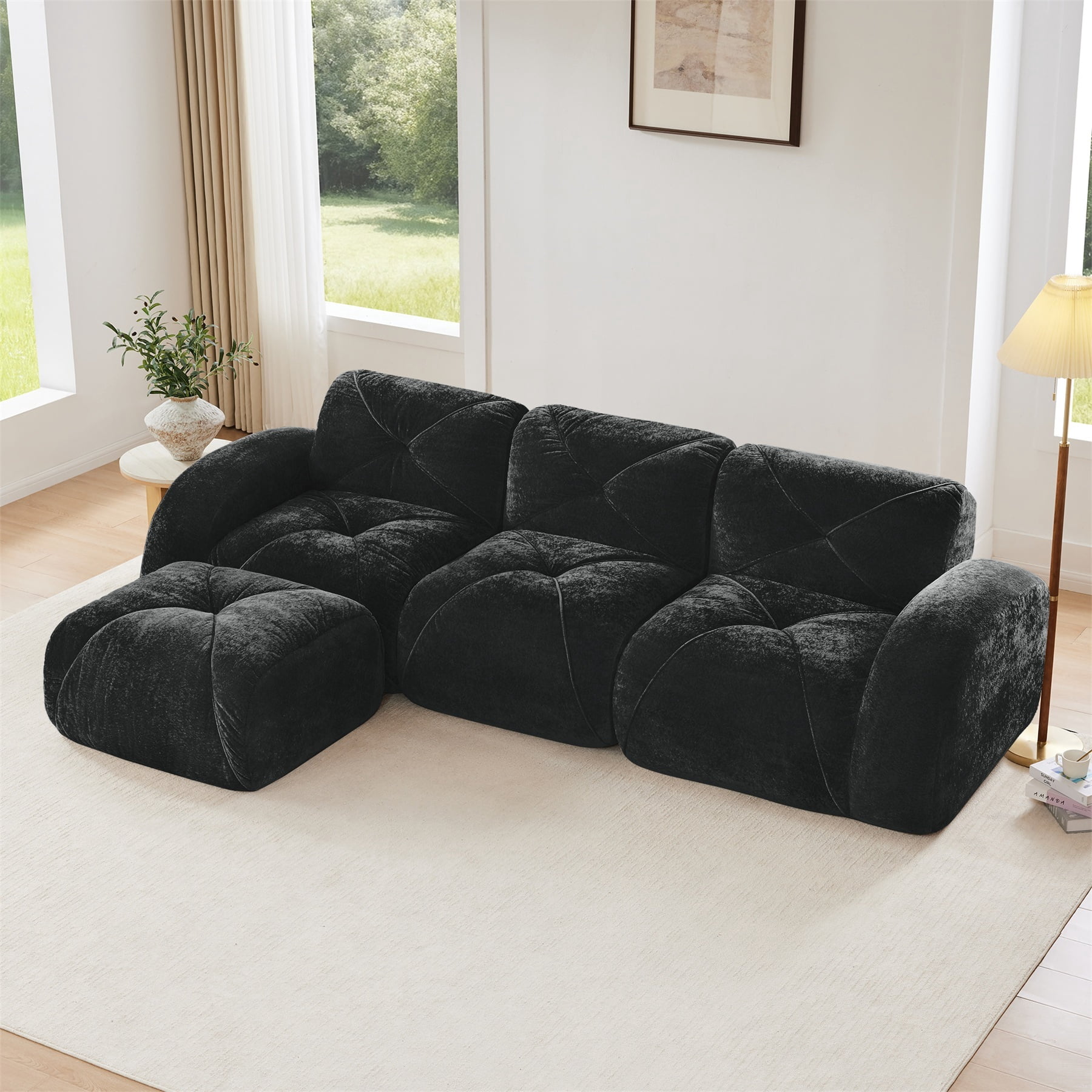 Alvantor L-Shaped Sectional Sofa 3-Seater Boneless Sofa Couch with Anti-Slip Design for Living Room, Easy Assembly Black