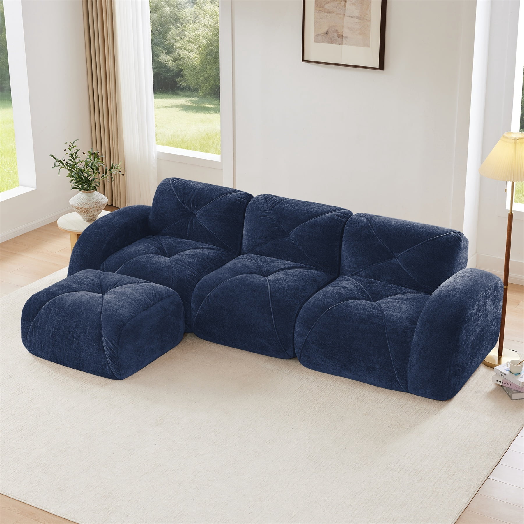 Alvantor L-Shaped Sectional Sofa 3-Seater Boneless Sofa Couch with Anti-Slip Design for Living Room, Easy Assembly Blue