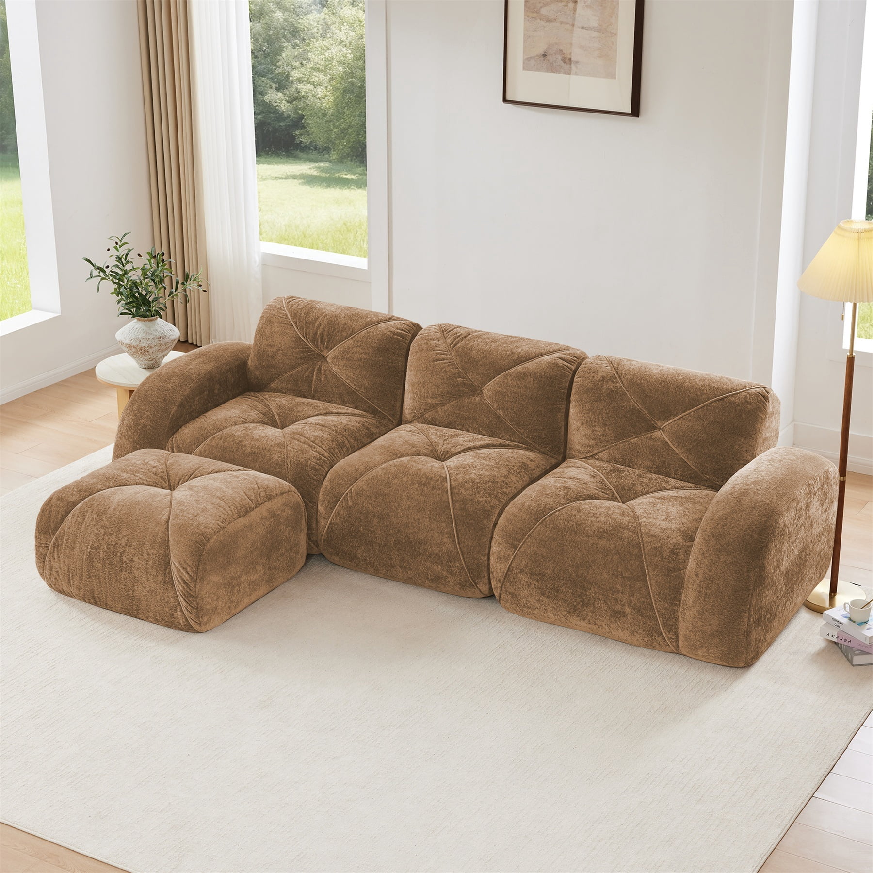 Alvantor L-Shaped Sectional Sofa 3-Seater Boneless Sofa Couch with Anti-Slip Design for Living Room, Easy Assembly Camel