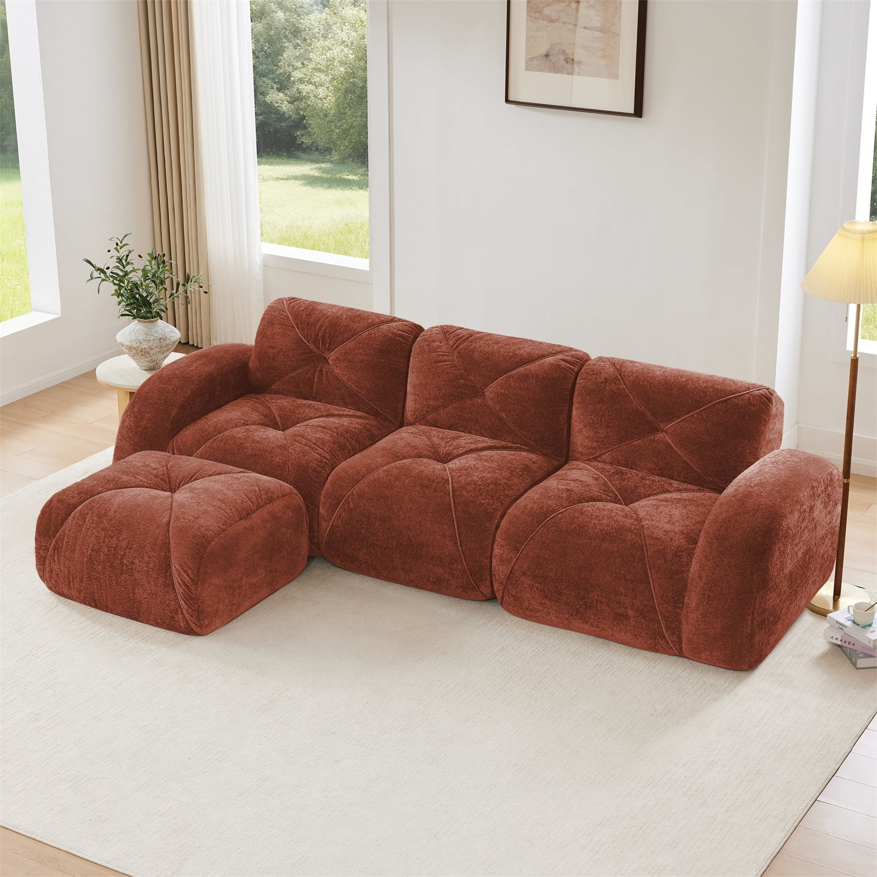 Alvantor L-Shaped Sectional Sofa 3-Seater Boneless Sofa Couch with Anti-Slip Design for Living Room, Easy Assembly Red Brown