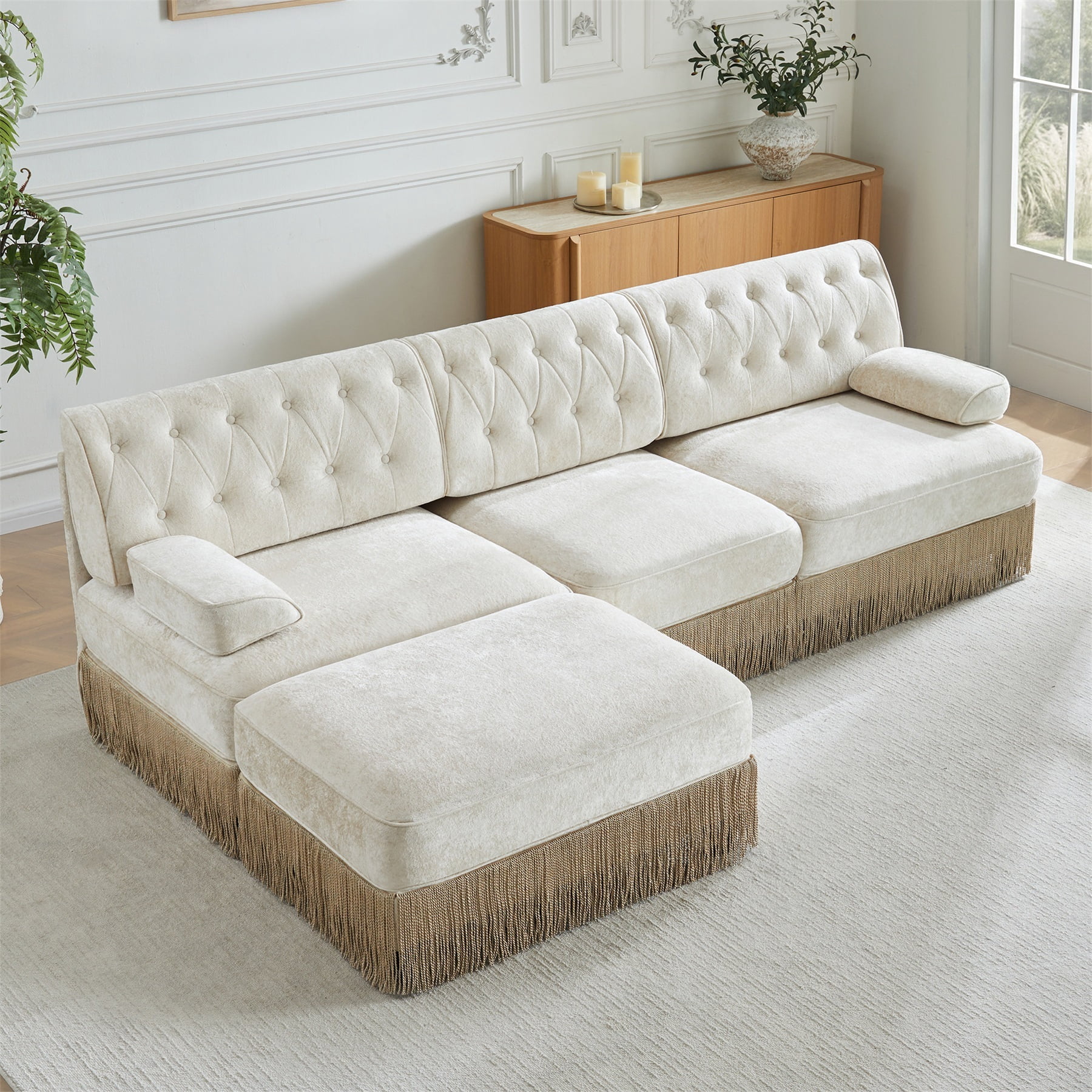 Alvantor L-Shaped Sectional Sofa 3-Seater Cloud Couch with Tassel Skirt,Button Tufted and Wooden Base for Living Room, Easy Assembly Beige