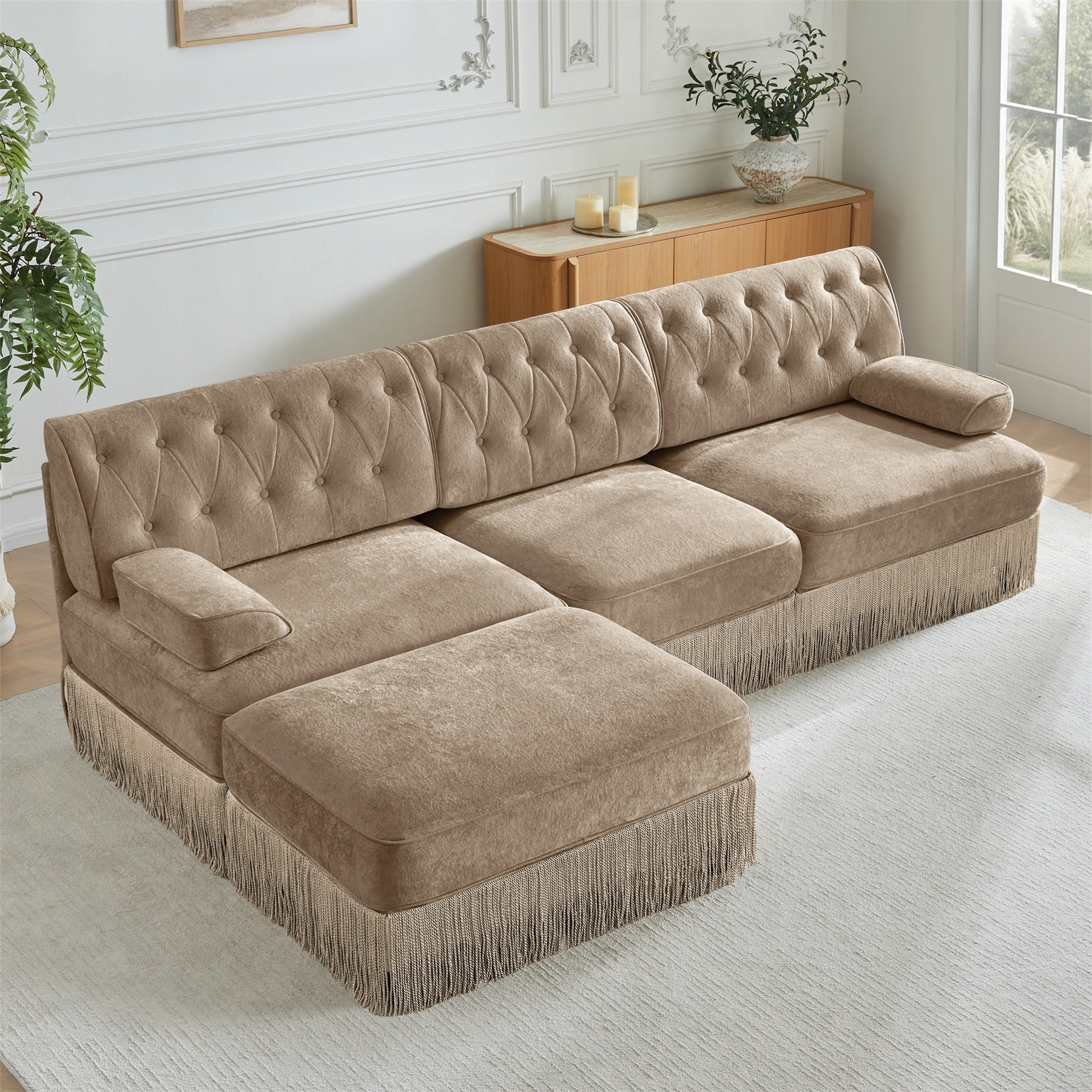 Alvantor L-Shaped Sectional Sofa 3-Seater Cloud Couch with Tassel Skirt,Button Tufted and Wooden Base for Living Room, Easy Assembly Camel