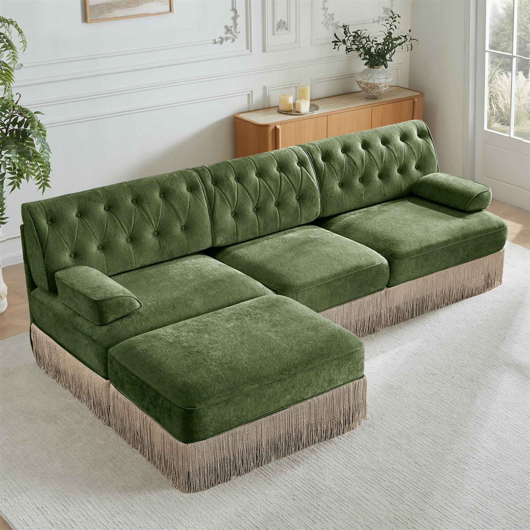 Alvantor L-Shaped Sectional Sofa 3-Seater Cloud Couch with Tassel Skirt,Button Tufted and Wooden Base for Living Room, Easy Assembly Green
