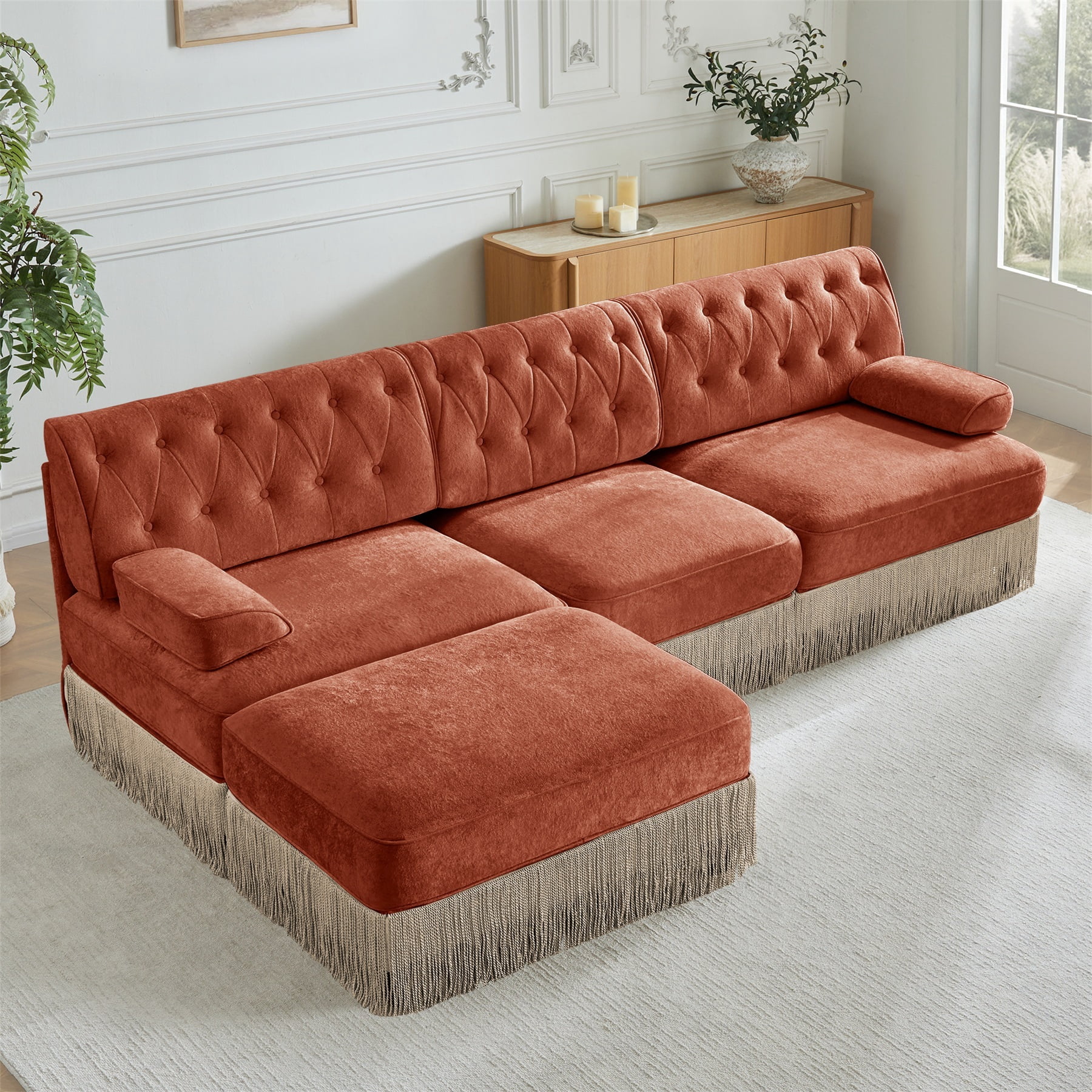 Alvantor L-Shaped Sectional Sofa 3-Seater Cloud Couch with Tassel Skirt,Button Tufted and Wooden Base for Living Room, Easy Assembly Red Brown
