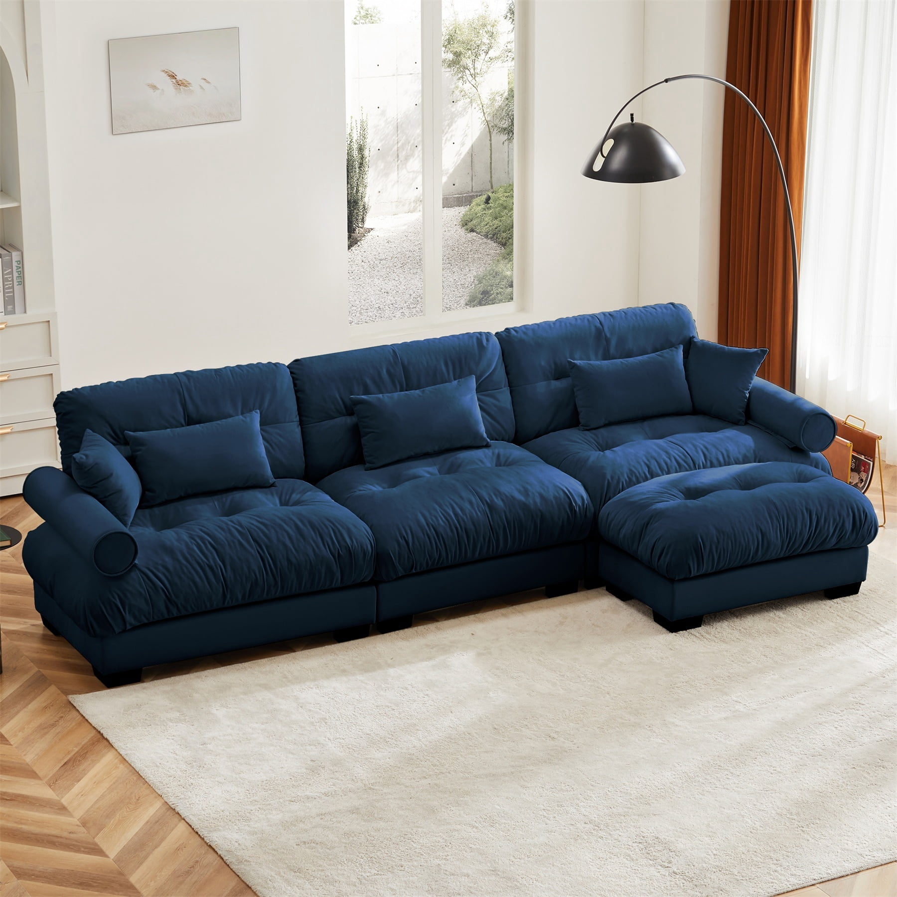 Alvantor L-Shaped Sectional Sofa 3-Seater Velvet Sofa Couch with Bolstered Armrests for Living Room, Easy Assembly Blue