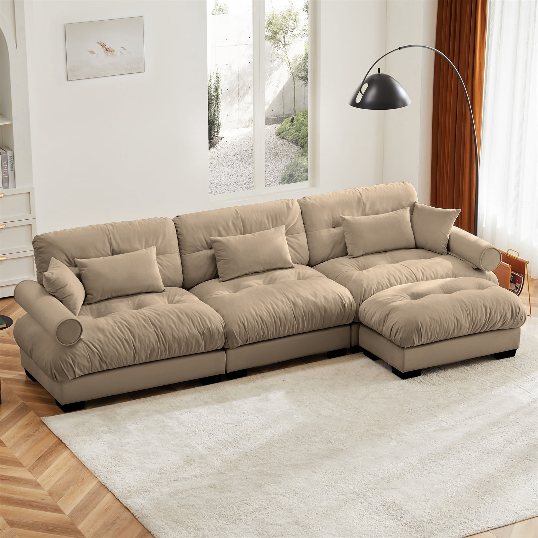 Alvantor L-Shaped Sectional Sofa 3-Seater Velvet Sofa Couch with Bolstered Armrests for Living Room, Easy Assembly Camel