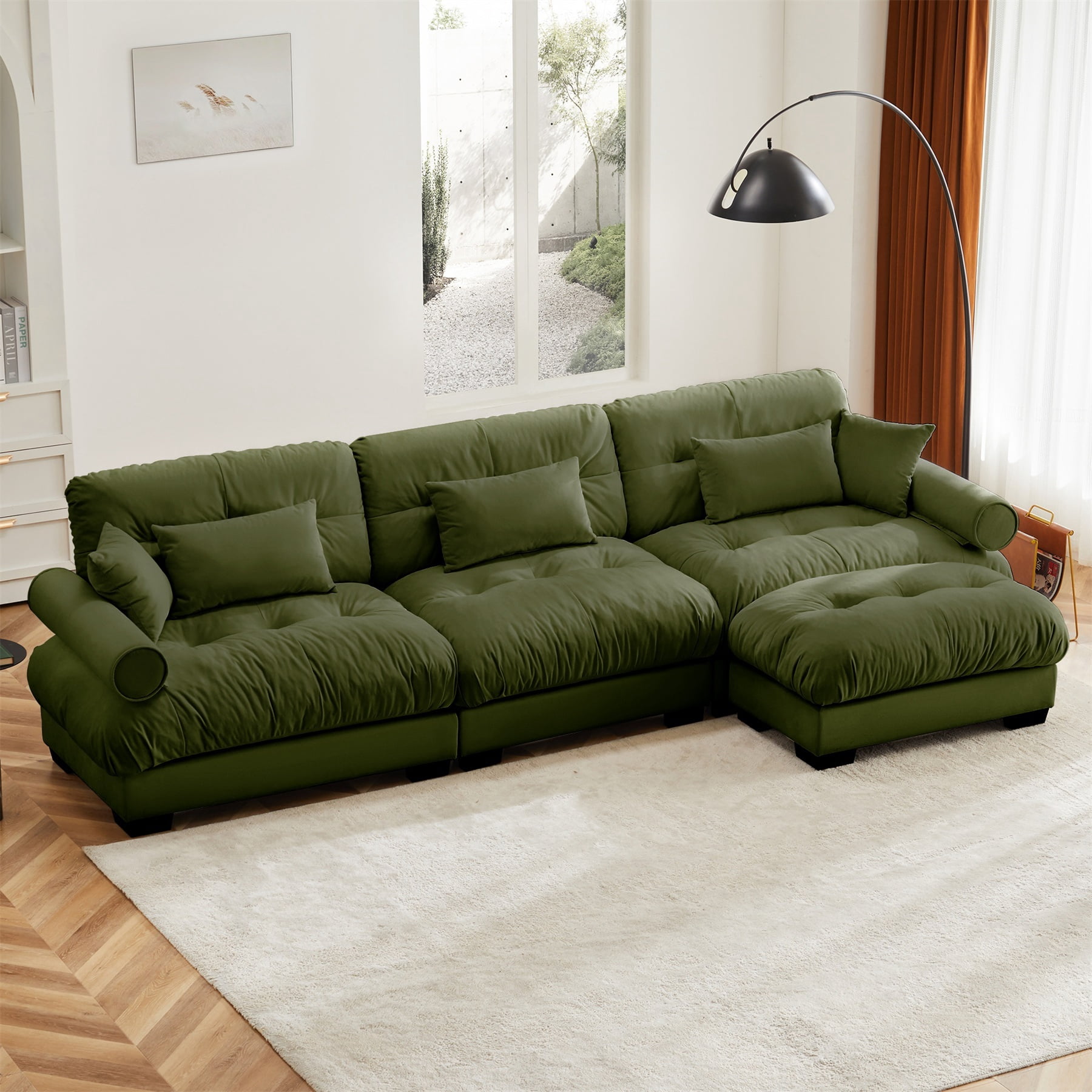 Alvantor L-Shaped Sectional Sofa 3-Seater Velvet Sofa Couch with Bolstered Armrests for Living Room, Easy Assembly Olive green