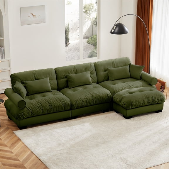 Alvantor L-Shaped Sectional Sofa 3-Seater Velvet Sofa Couch with Bolstered Armrests for Living Room, Easy Assembly Olive green