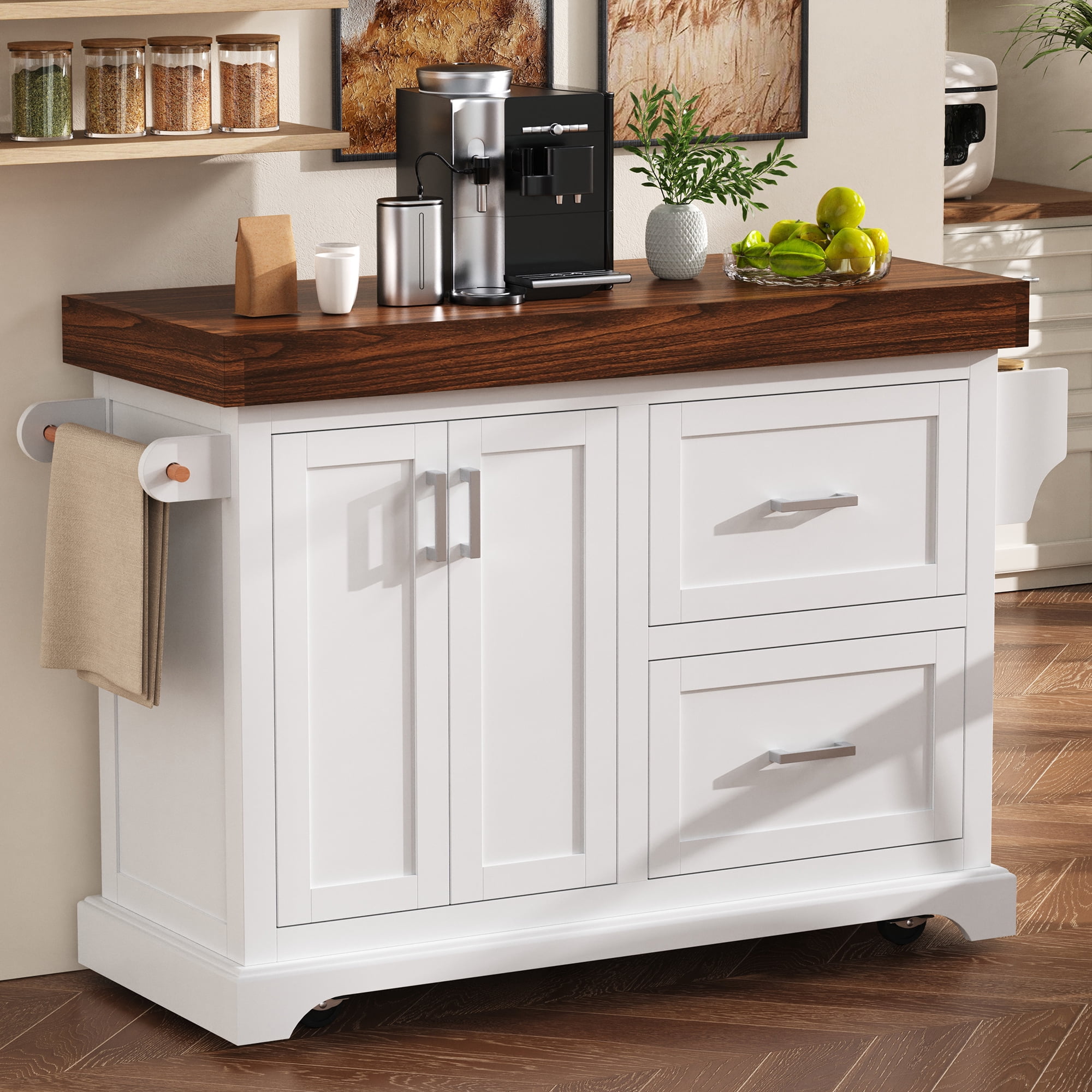 Alvantor Large Kitchen Island with Drop Leaf, 53" W Rolling Kitchen Cart with 3.5" Thick Desktop for Dining Room White