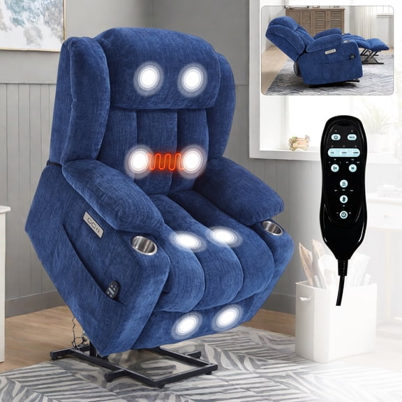 Alvantor Large Power Lift Recliner Chair for Elderly with Massage and Heat Chenille Electric Recliners Chair with USB Ports & Cup Holders for Living Room Blue