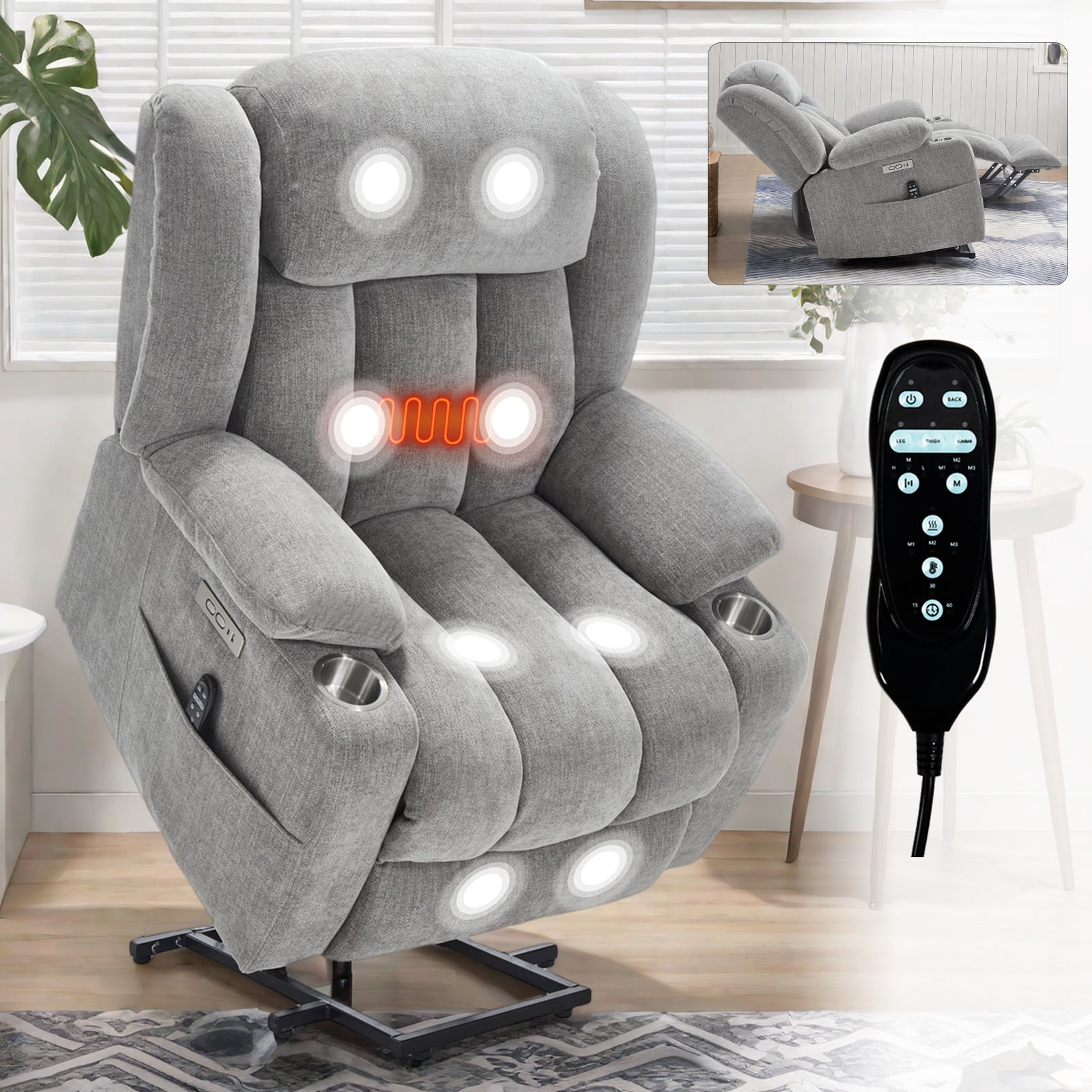 Alvantor Large Power Lift Recliner Chair for Elderly with Massage and Heat Chenille Electric Recliners Chair with USB Ports & Cup Holders for Living Room Grey
