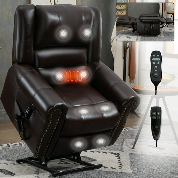 Alvantor Large Power Lift Recliner Chair for Elderly with Massage and Heat Faux Leather Electric Recliners Chair with USB Ports for Living Room Antique Brown
