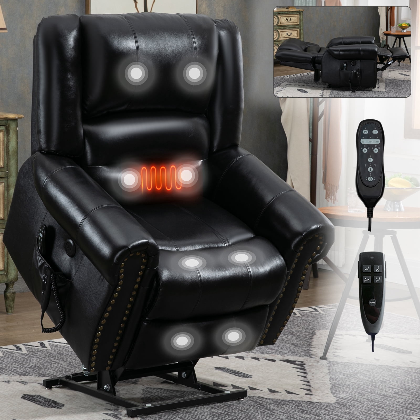 Alvantor Large Power Lift Recliner Chair for Elderly with Massage and Heat Genuine Leather Electric Recliners Chair with USB Ports for Living Room Black