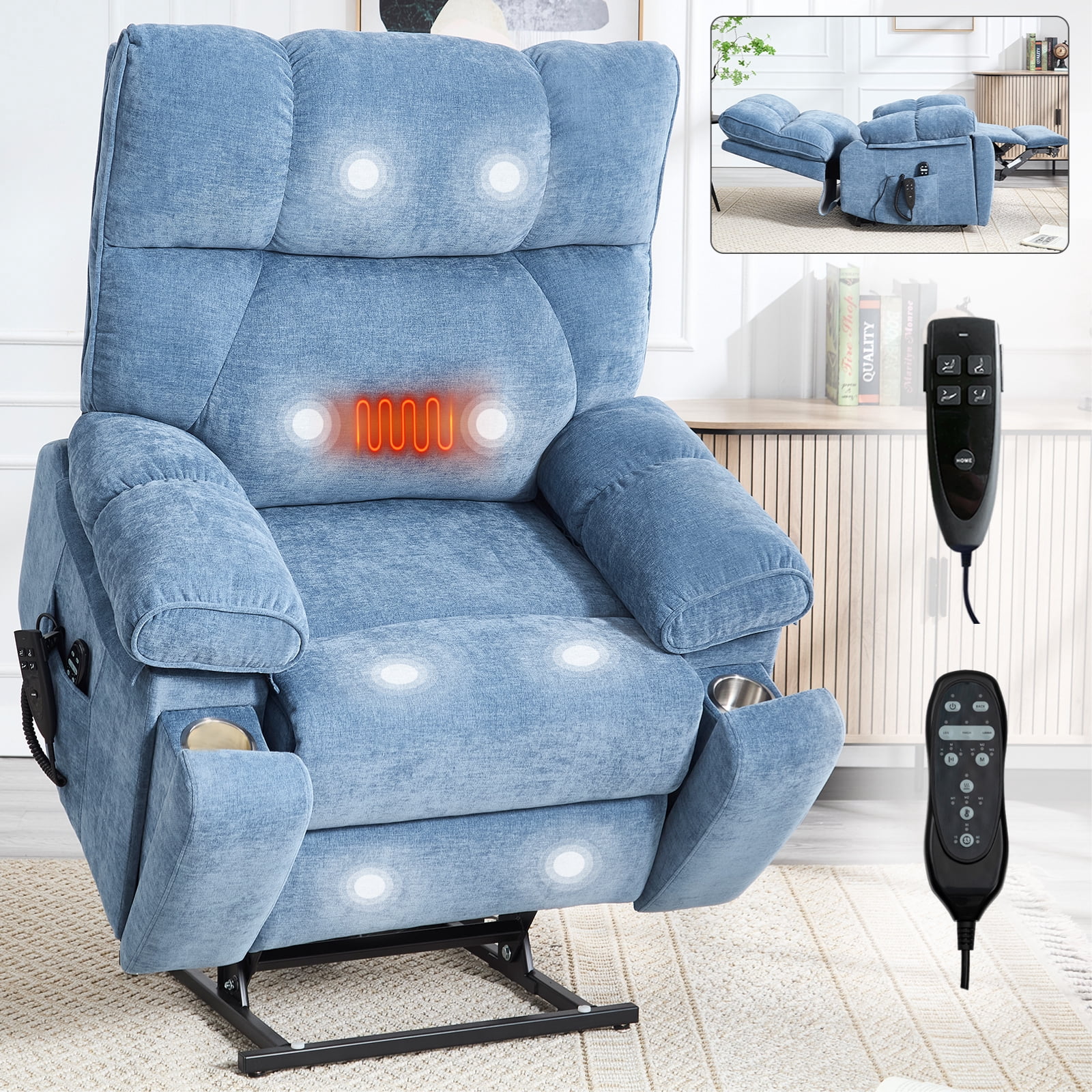 Alvantor Large Power Lift Recliner Chair for Elderly Dual Motor Chenille Electric Recliners Chair with Massage and Heat for Living Room Blue