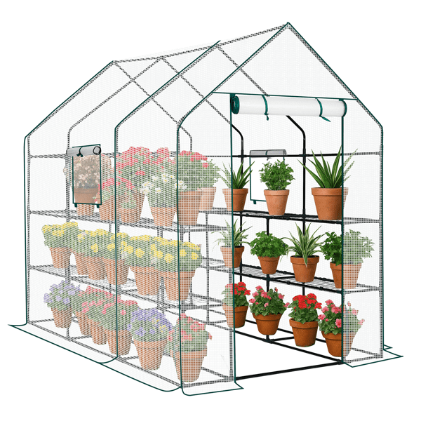 Alvantor Large Walk-In Greenhouse with PE Cover, 12-Shelf Indoor Outdoor Garden Plant Shelves, Roll-Up Door & Side Windows, 56"x85"x77"