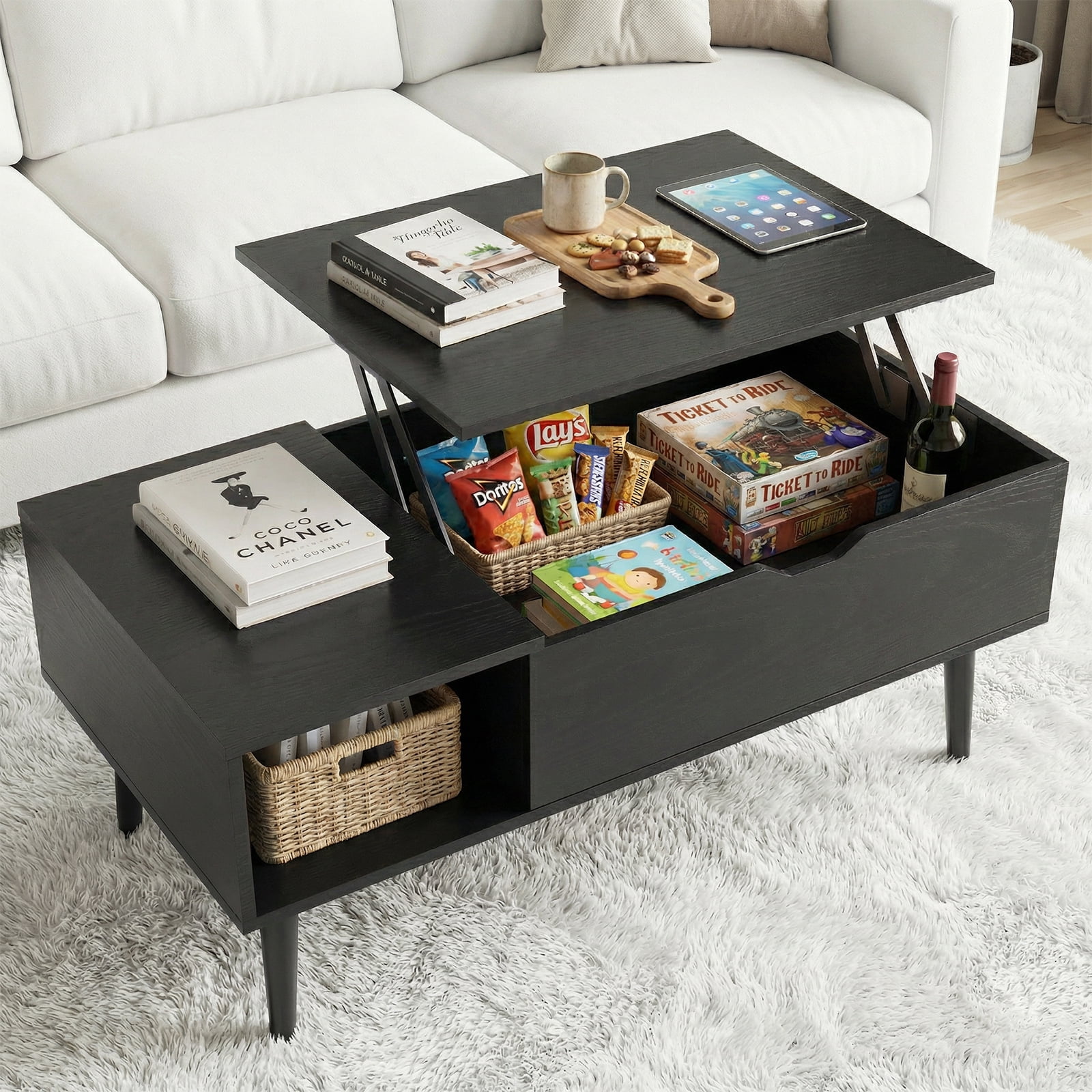 Alvantor Lift Top Coffee Table with Storage, Modern Lift-Up Design Hidden Compartment, Brown/Black