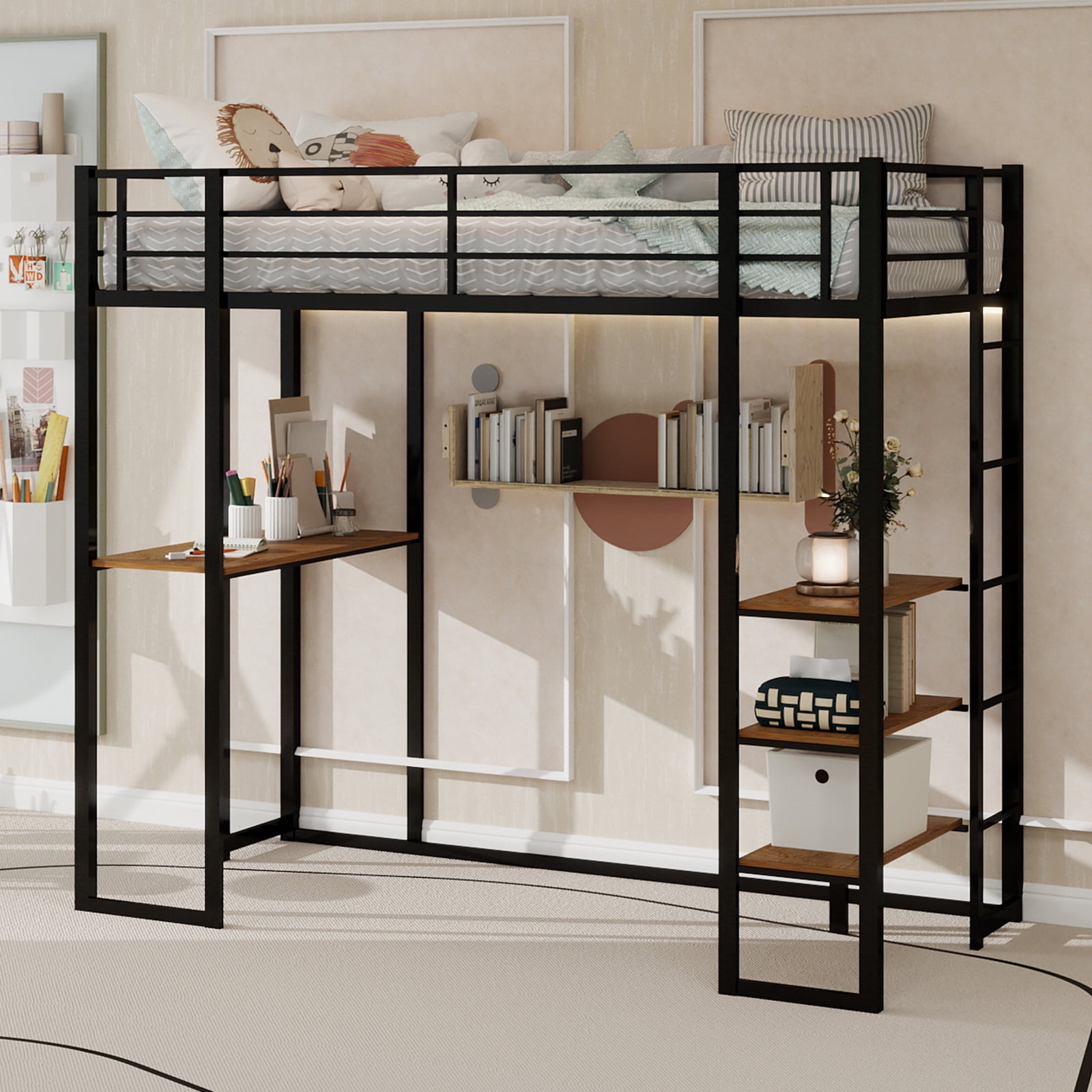 Alvantor Loft Bed Twin Size with Desk, Metal Bed Frame with Open Shelves for Kids/Teens, No Box Spring Needed Black