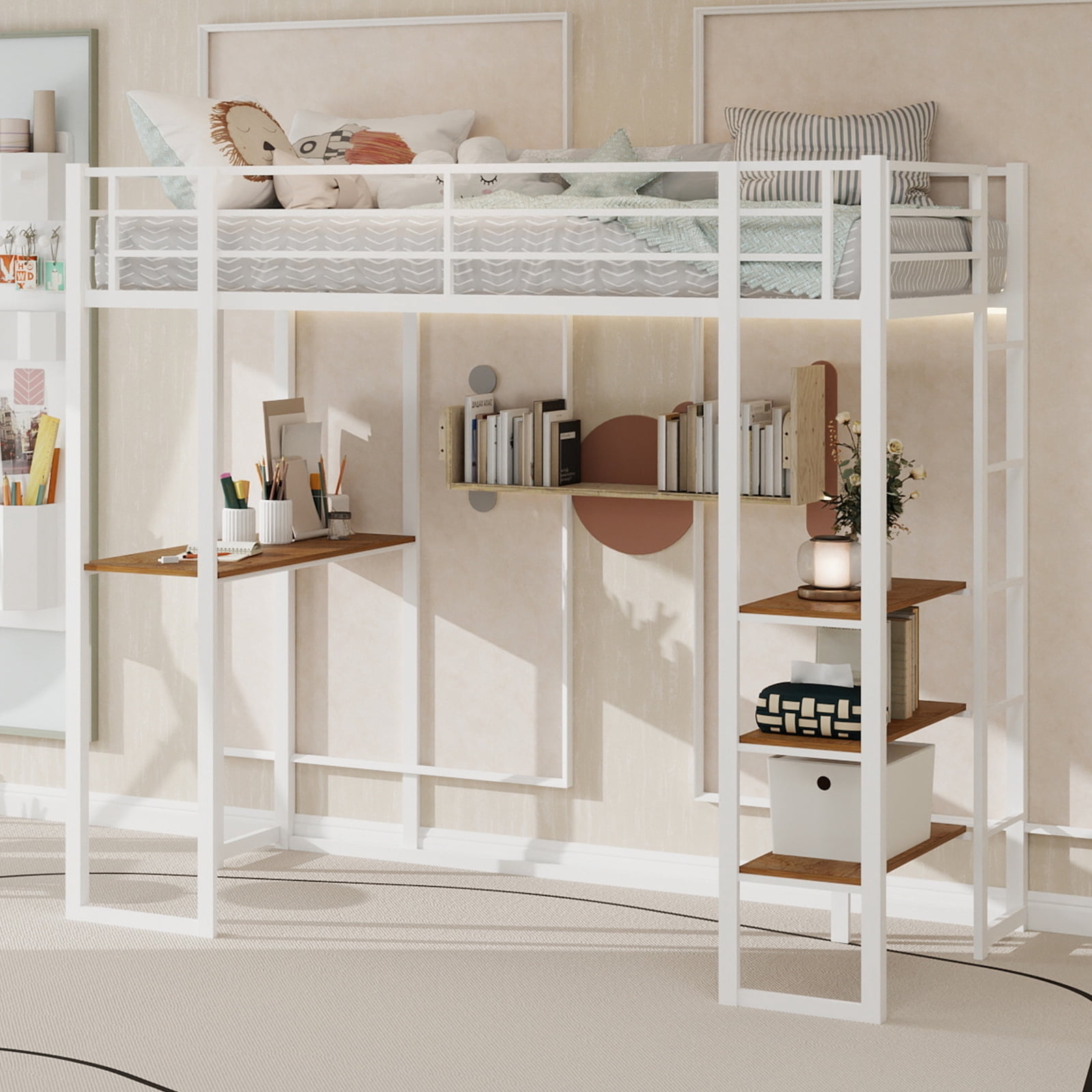 Alvantor Loft Bed Twin Size with Desk, Metal Bed Frame with Open Shelves for Kids/Teens, No Box Spring Needed White