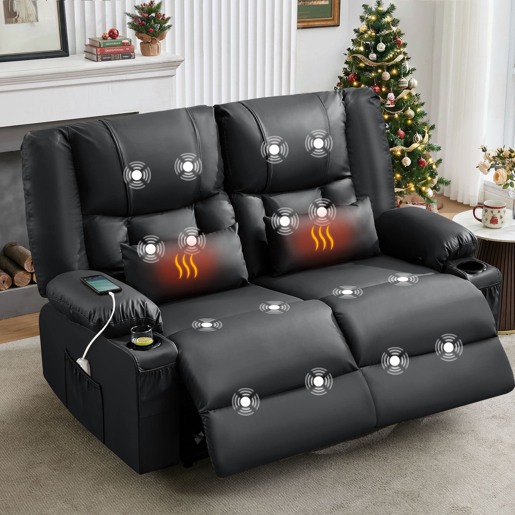 Alvantor Loveseat Recliner Sofa for Adults with Massage & Heating, Modern Leather Manual Recliner Chair with Cup Holders for Home Theater Black