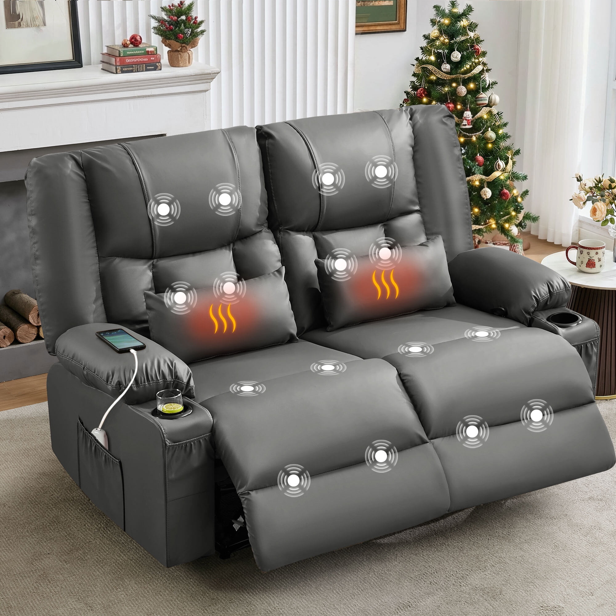 Alvantor Loveseat Recliner Sofa for Adults with Massage & Heating, Modern Leather Manual Recliner Chair with Cup Holders for Home Theater Gray