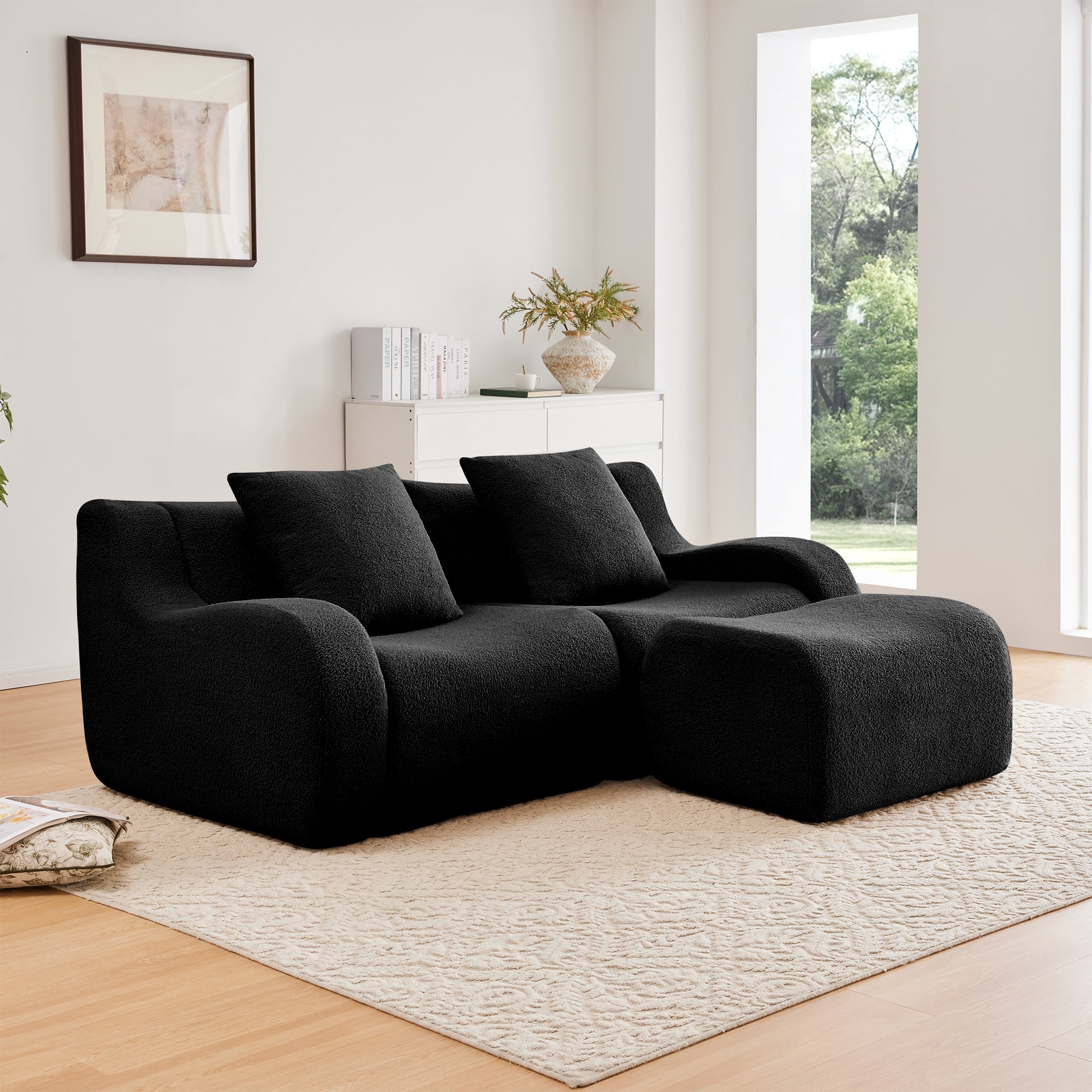 Alvantor Loveseat Sofa with Reversible Ottoman 83" W Teddy Boneless Couch Modern Deep Seat Cloud Loveseat for Living Room Black
