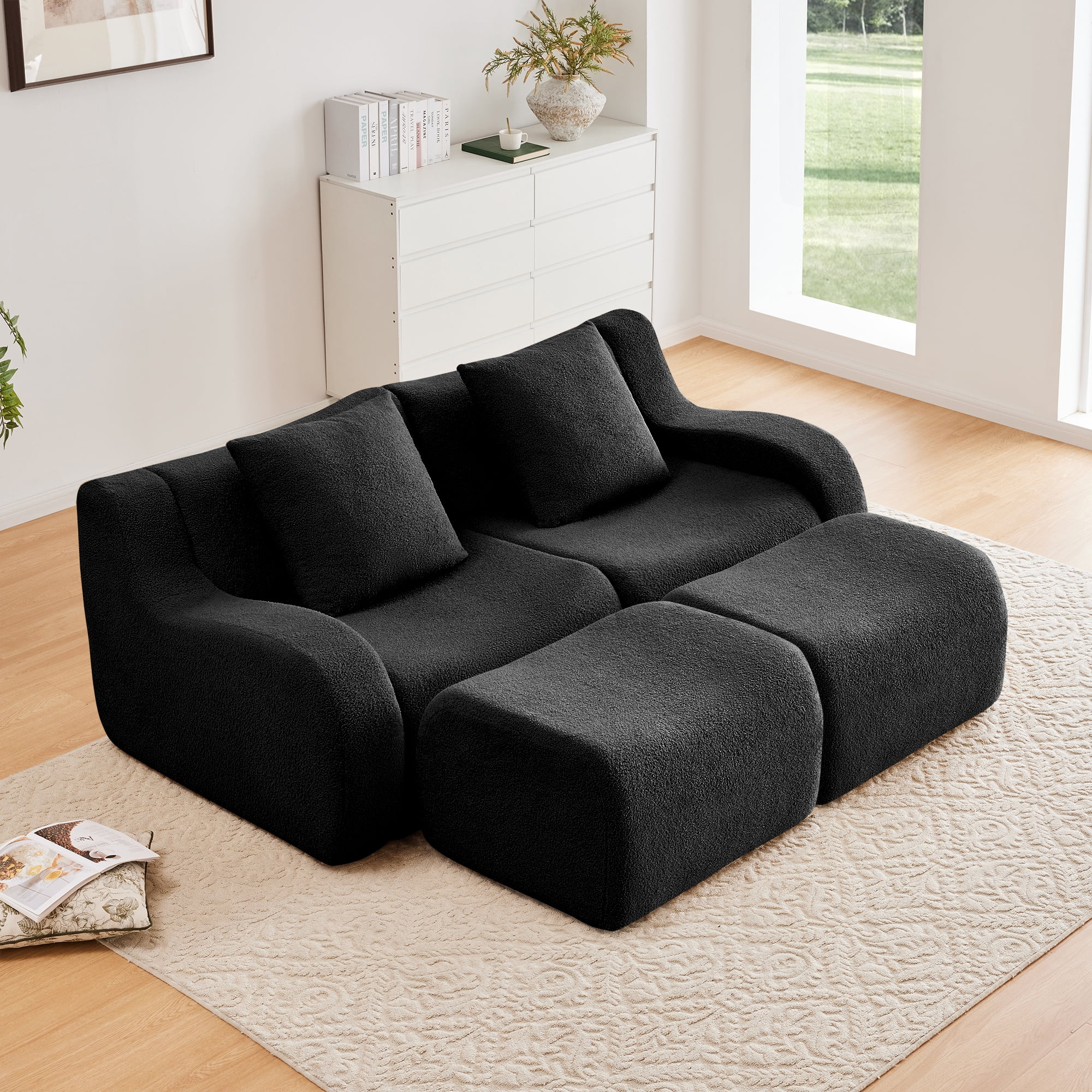 Alvantor Loveseat Sofa with Reversible Ottoman 83" W Teddy Boneless Couch Modern Deep Seat Cloud Loveseat for Living Room Black