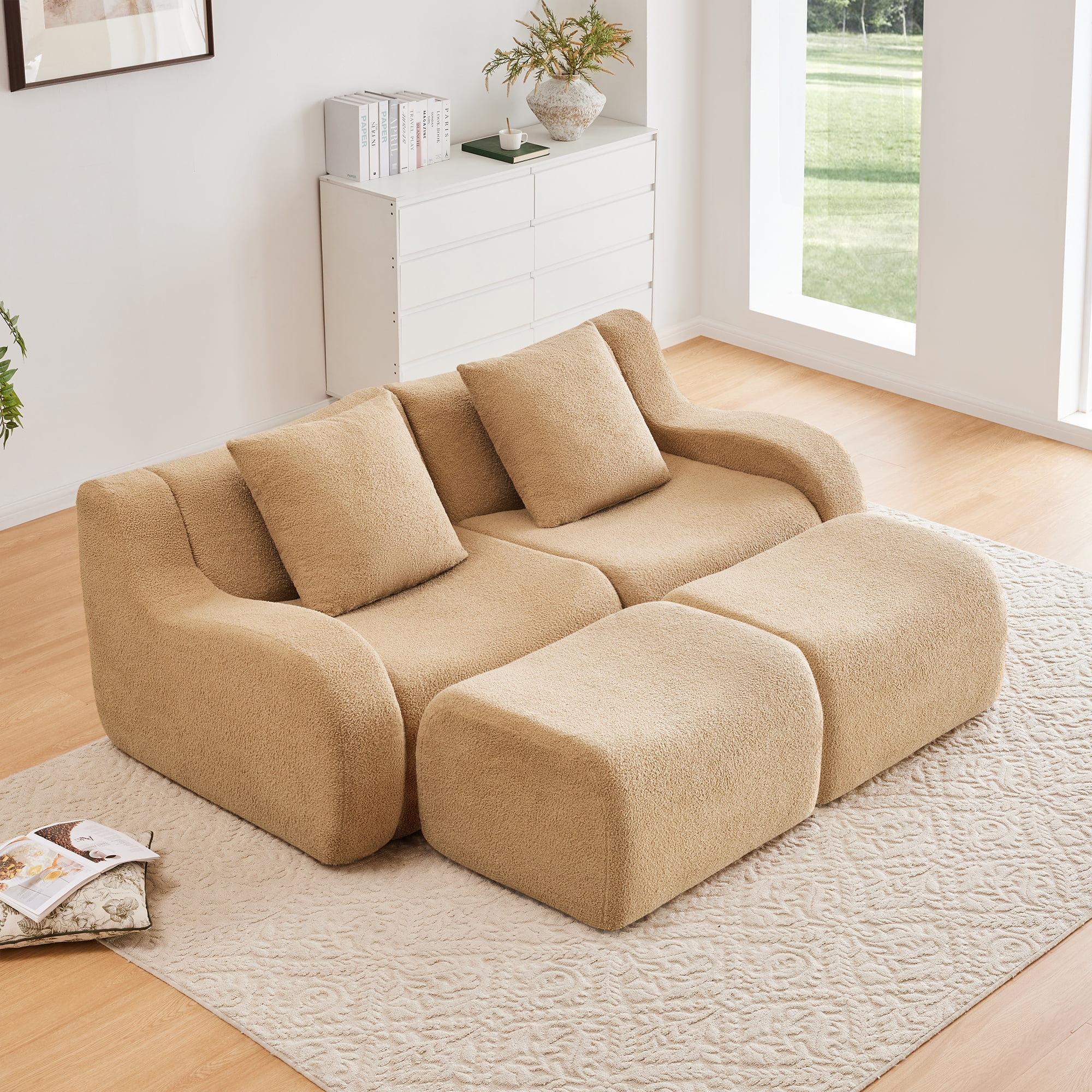 Alvantor Loveseat Sofa with Reversible Ottoman 83" W Teddy Boneless Couch Modern Deep Seat Cloud Loveseat for Living Room Camel