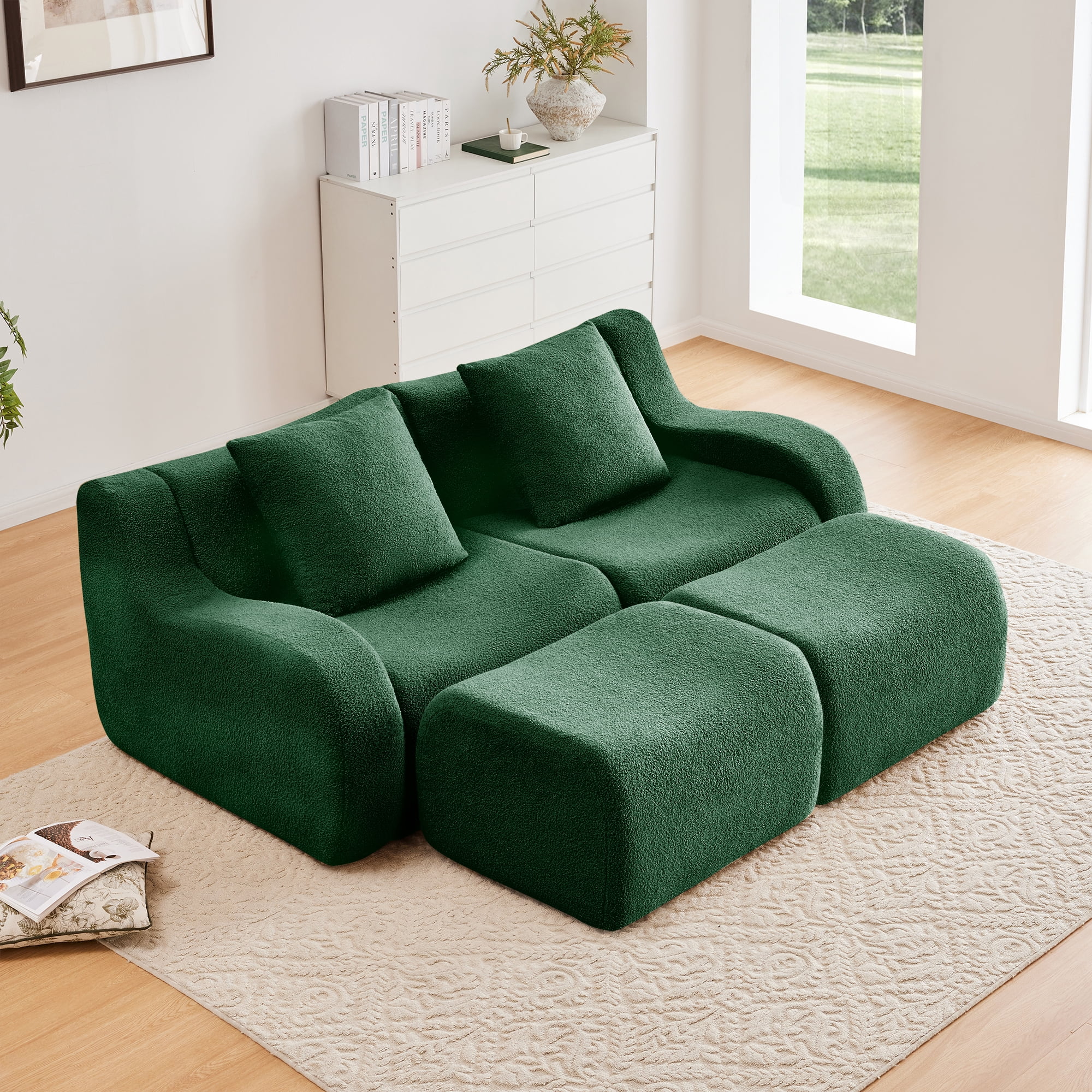 Alvantor Loveseat Sofa with Reversible Ottoman 83" W Teddy Boneless Couch Modern Deep Seat Cloud Loveseat for Living Room Green