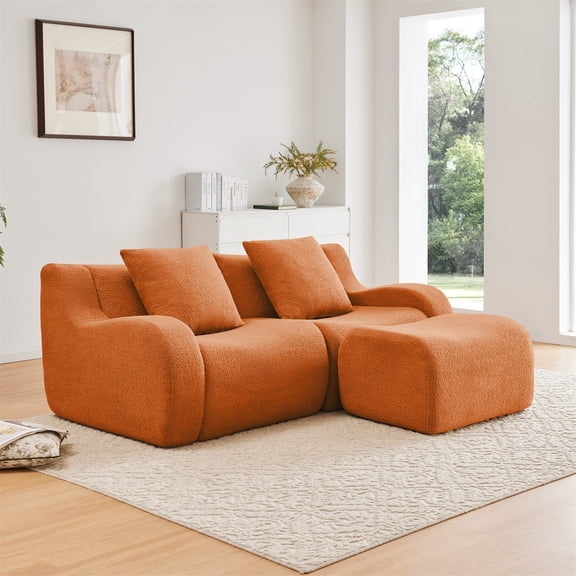 Alvantor Loveseat Sofa with Reversible Ottoman 83" W Teddy Boneless Couch Modern Deep Seat Cloud Loveseat for Living Room Orange