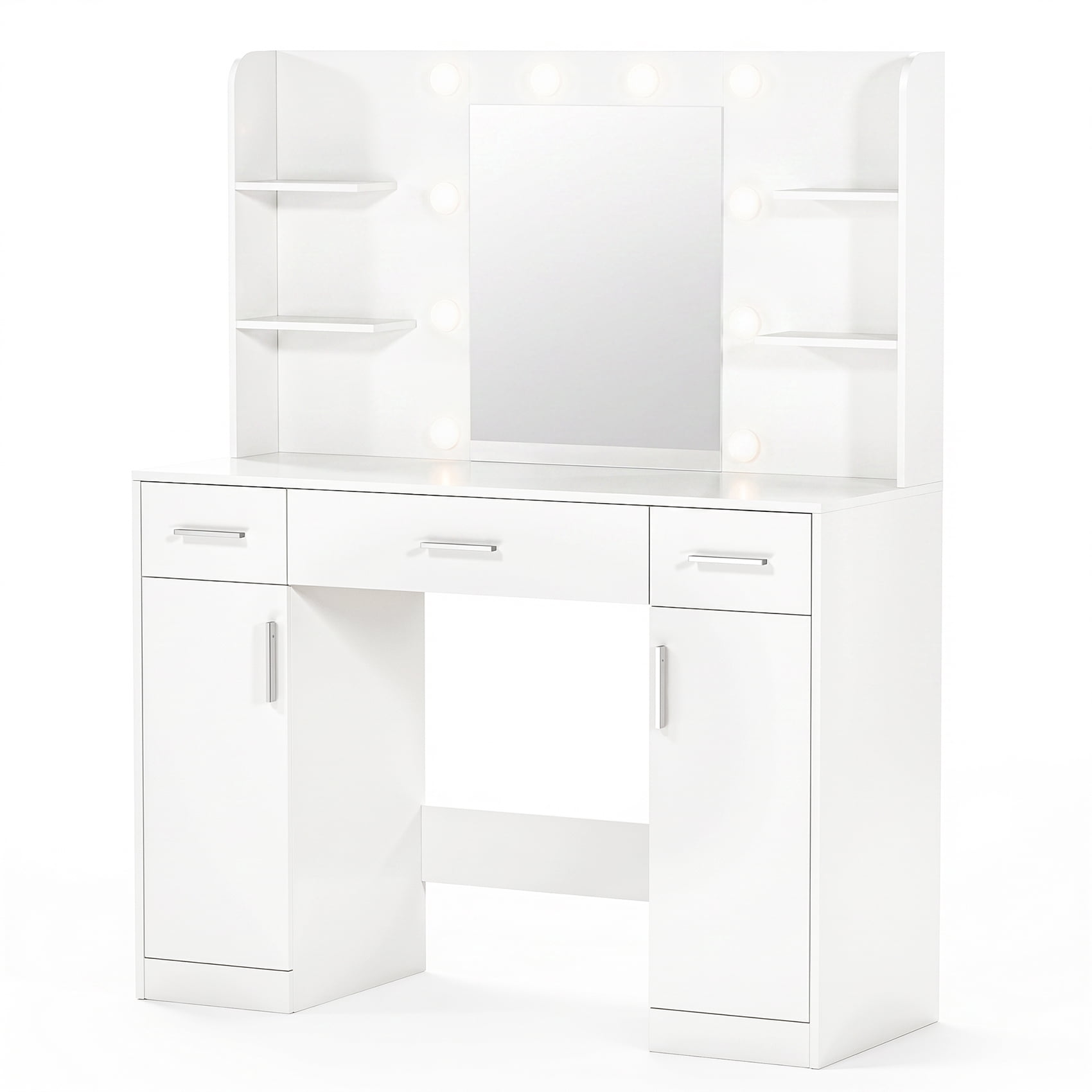 Alvantor Vanity Desk with Mirror & Lights, LED Makeup Table with Drawers & Shelves, USB Ports, White