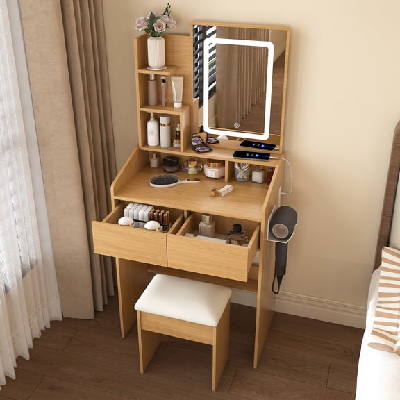 Alvantor Makeup Vanity Desk Set with Mirror & LED Lights, Built-in Power Outlet, Hairdryer Holder, for Small Bedrooms