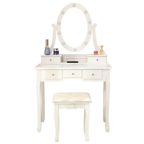 Alvantor Adult Makeup Vanity Desk Set with Mirror,10 LED Bulbs1 Stool,3 Drawers & 2 Storage Boxes,White