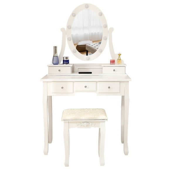 Alvantor Adult Makeup Vanity Desk with 10 LED Lights,3 Drawers & 2 Storage Boxes,1 Stool,360°Rotating Mirror,White