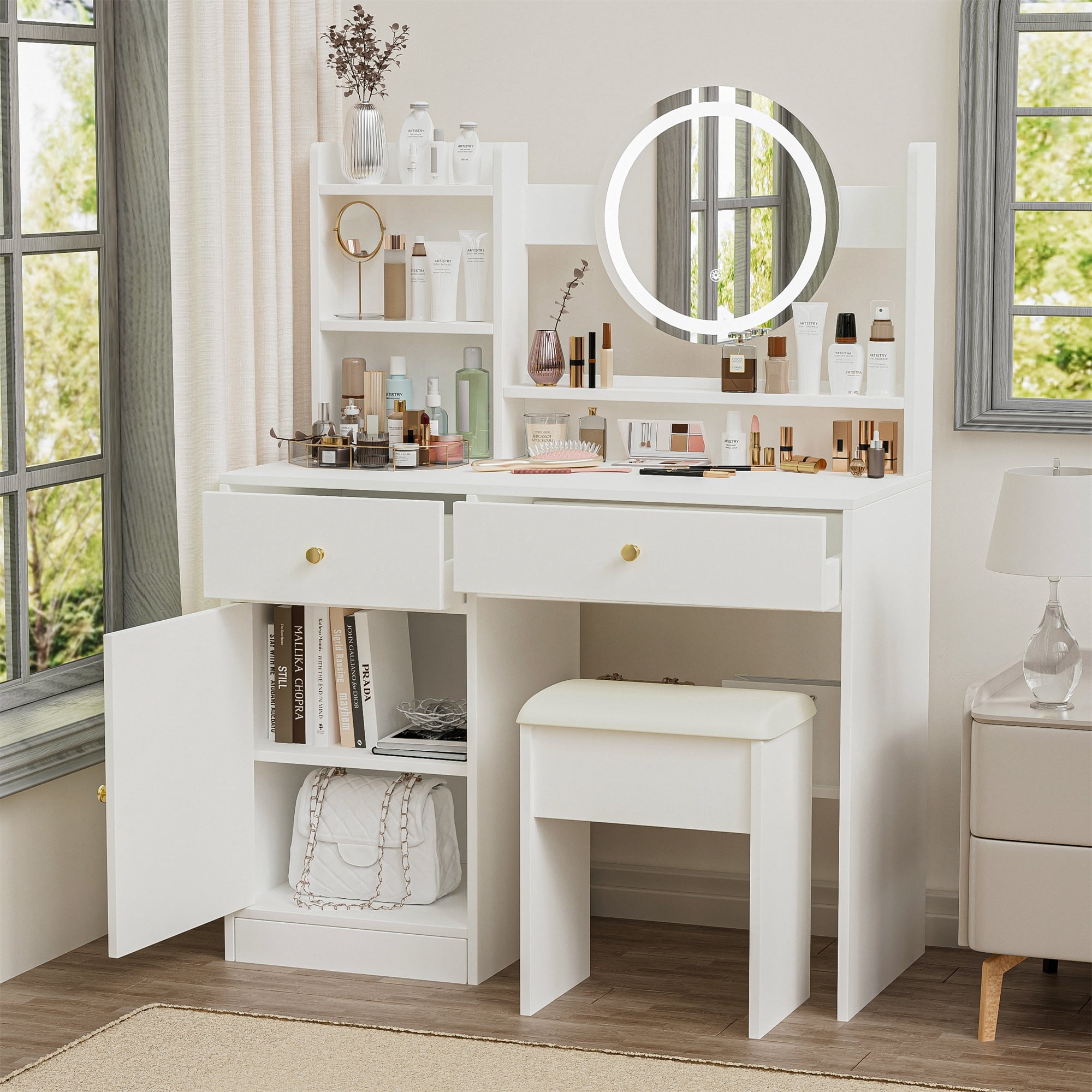 Alvantor Makeup Vanity Desk with Mirror and Lights, Adjustable Brightness Dressing Table with Cushioned Chair, White