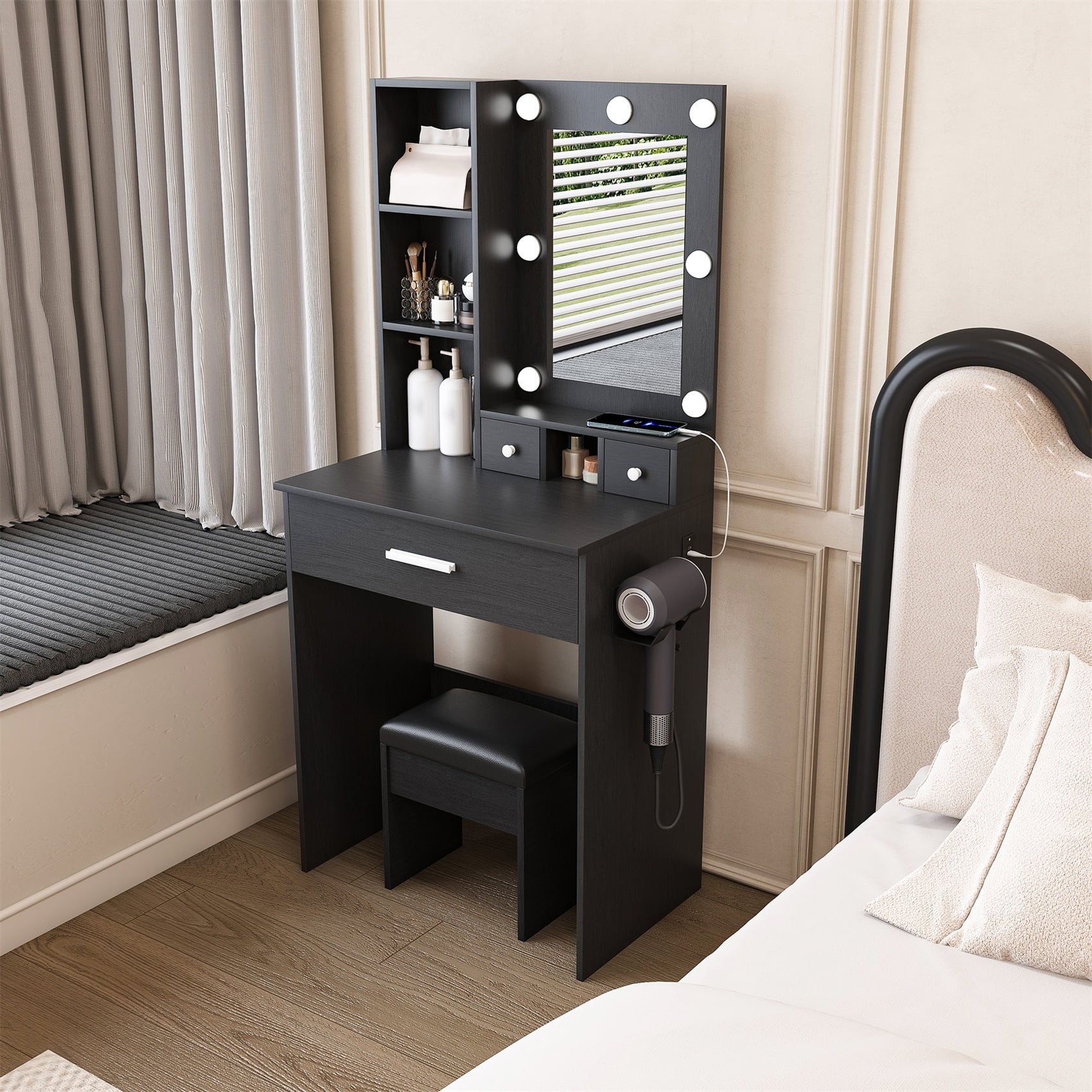 Alvantor Black Makeup Vanity Table Set with Mirror, LED Lighting & Power Outlets