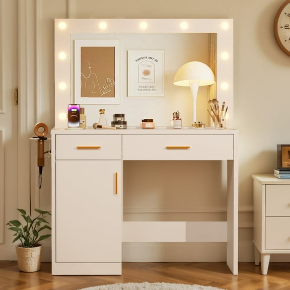 Alvantor Makeup Vanity Desk for Adults with LED Mirror, Charging Station, and Storage