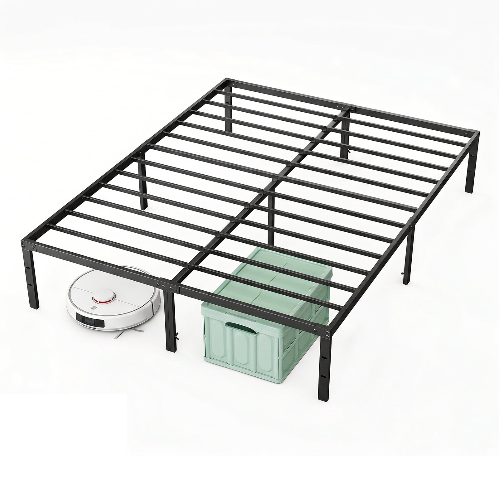 Alvantor 16 inch Tall Metal Bed Frame, No Box Spring Needed, Sturdy Foundation with Storage, Black