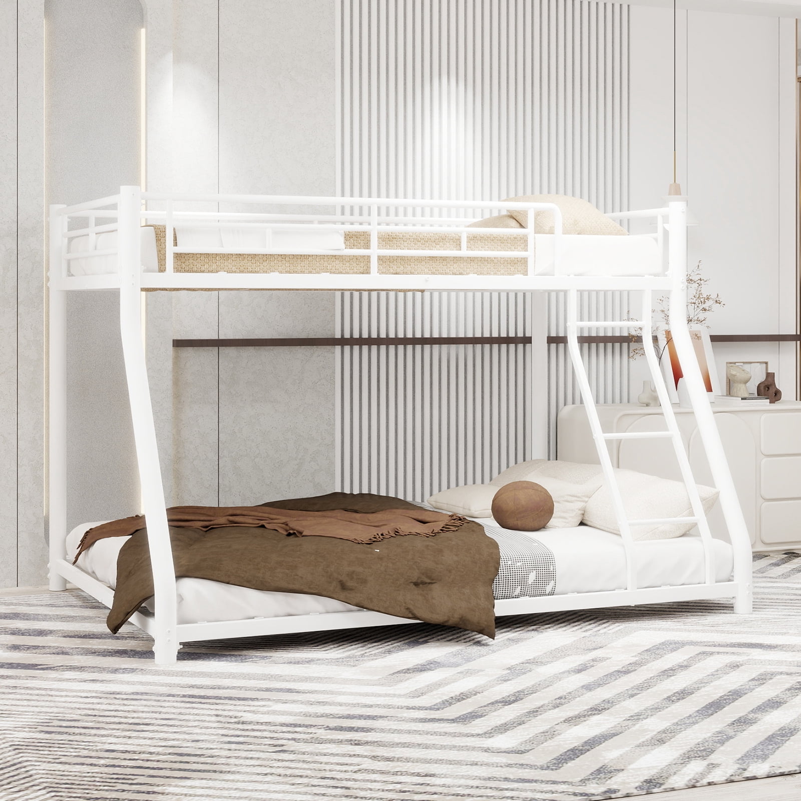 Alvantor Metal Bunk Bed Twin over Full for Kids Teens, Heavy Duty Bunk Bed with Full-Length Guardrail White