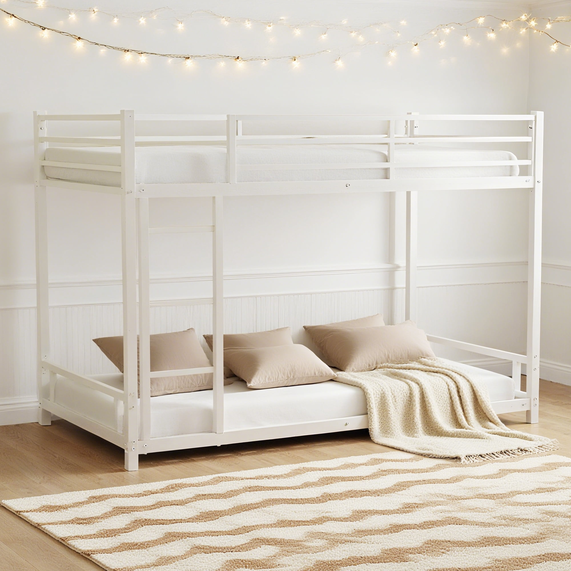 Alvantor Metal Bunk Bed Twin over Twin for Kids Adults, Low Bunk Bed with Guardrails and Ladder for Bedroom White