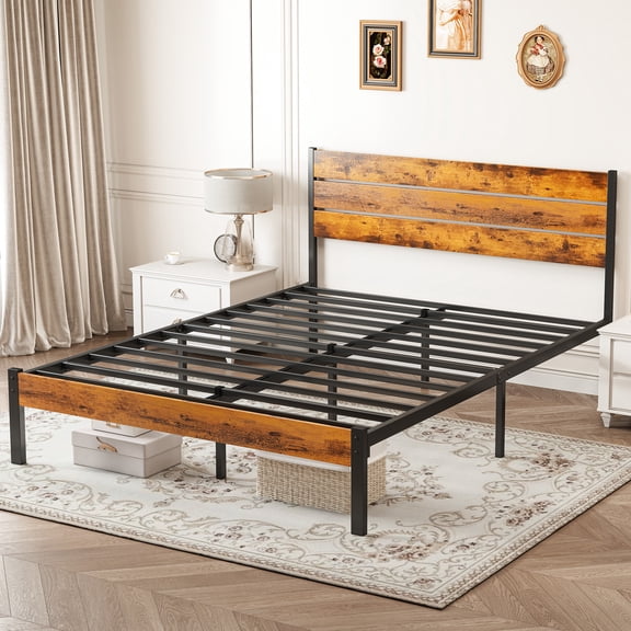 Alvantor Metal Platform Bed Frame with Headboard & Footboard - No Box Spring Needed, 800LBS Sturdy Wooden Slats Support, Industrial Style