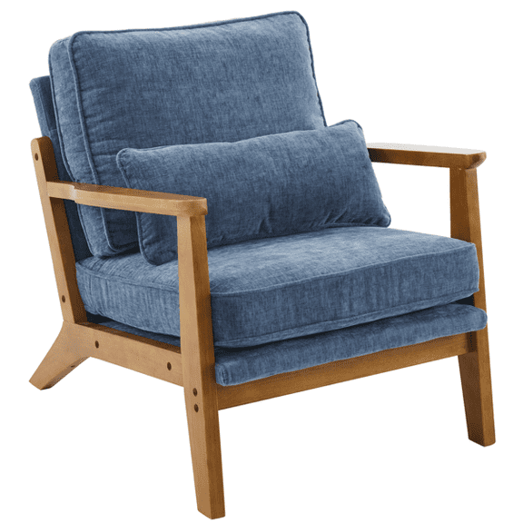 Alvantor Mid-Century Modern Navy Blue Upholstered Accent Chair with Solid Oak Frame and Pillow
