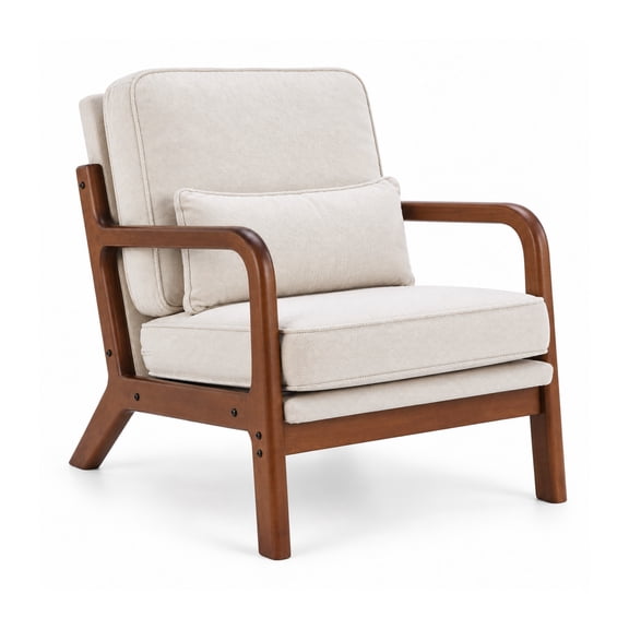 Alvantor Mid-Century Modern Accent Chair with Rubberwood Frame, Padded Cushions and Lumbar Pillow, Beige, 25.20 x 29.92 x 30.31 in