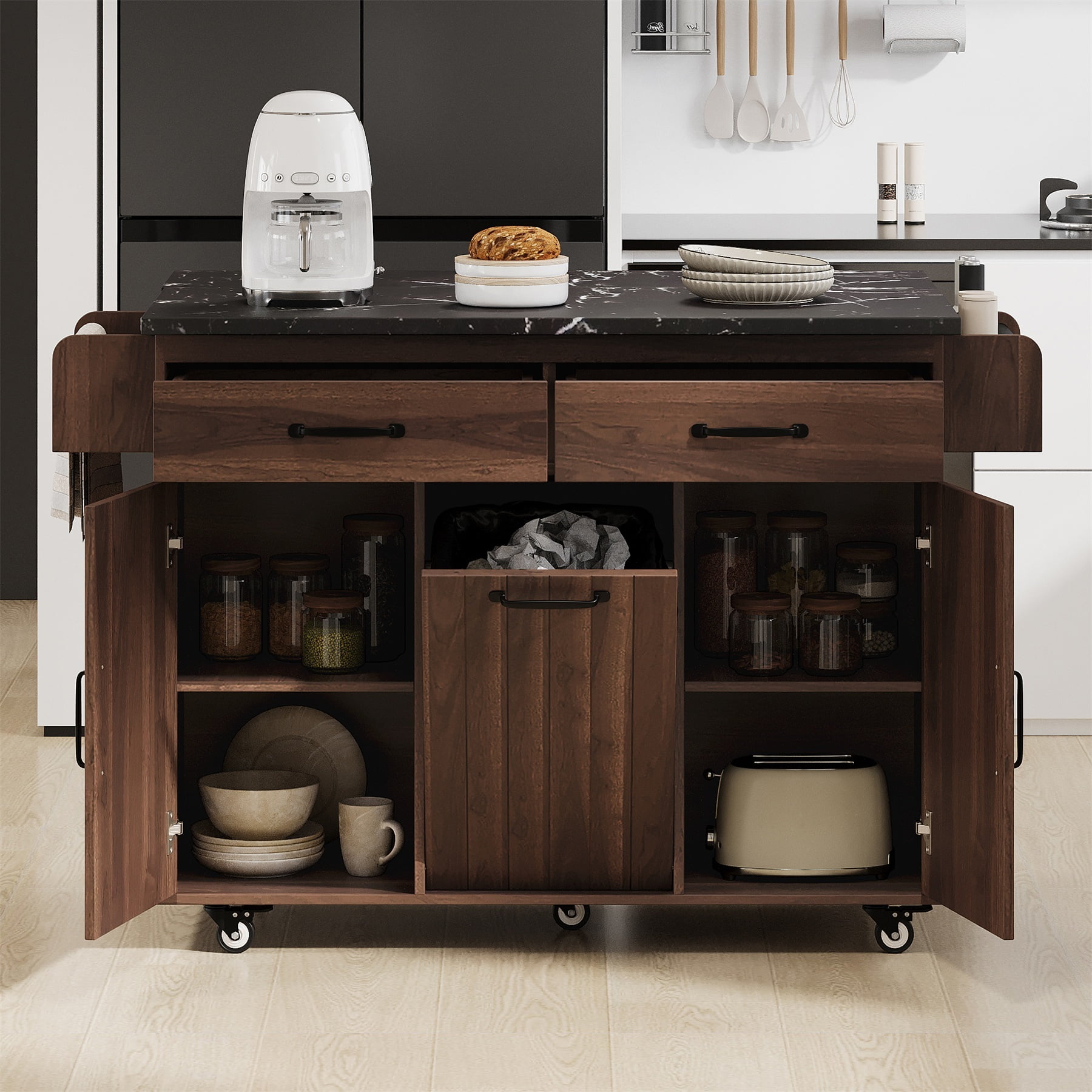 Alvantor Mobile Kitchen Island Carts, Rolling Buffet Storage Cabinet with Drop Leaf & Trash Can,Versatile Kitchen Table for Dining Room Living Room Walnut