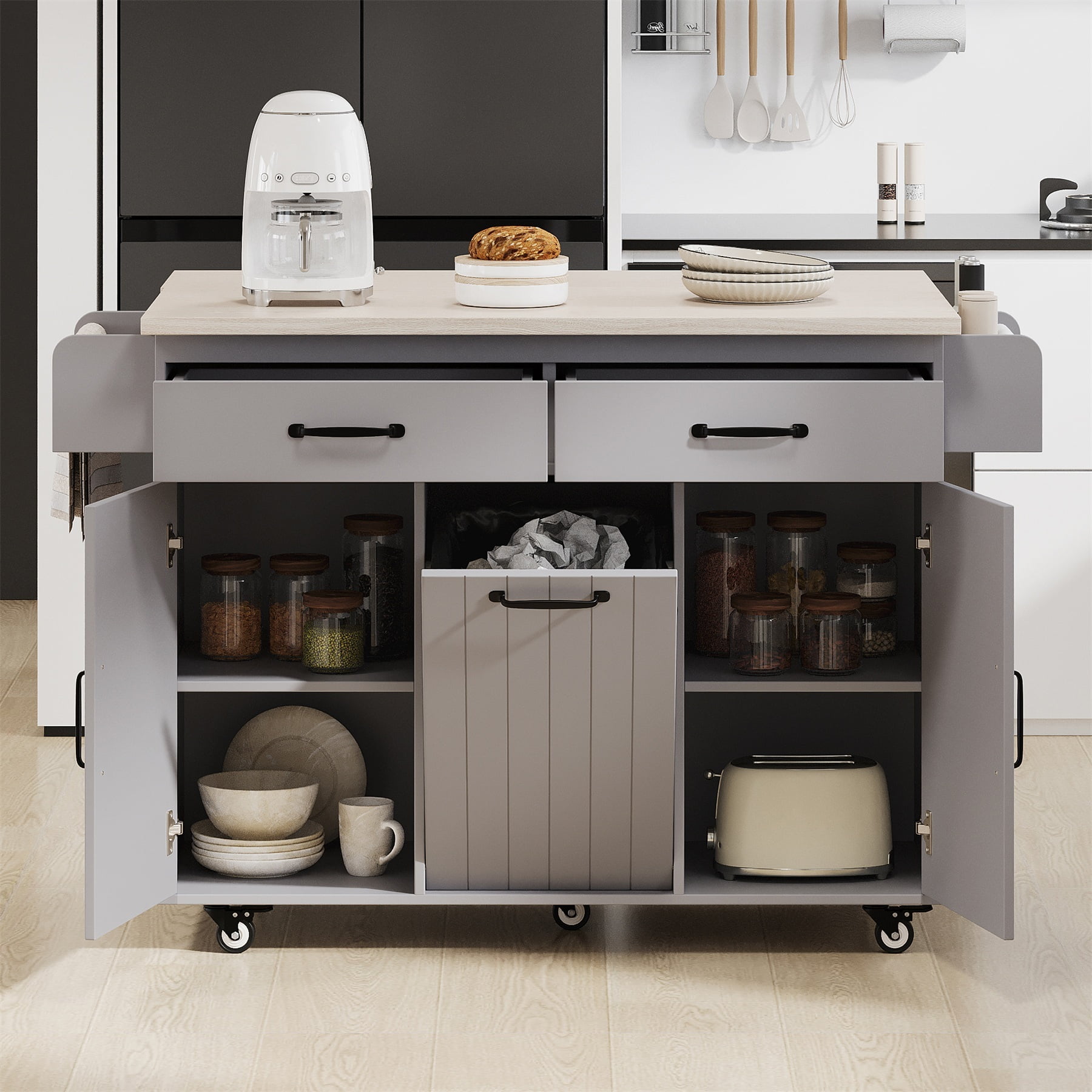 Alvantor Mobile Kitchen Island Carts Rolling Buffet Storage Cabinet with Drop Leaf & Trash Can,Versatile Kitchen Table on Wheels for Dining Room Living Room Grey
