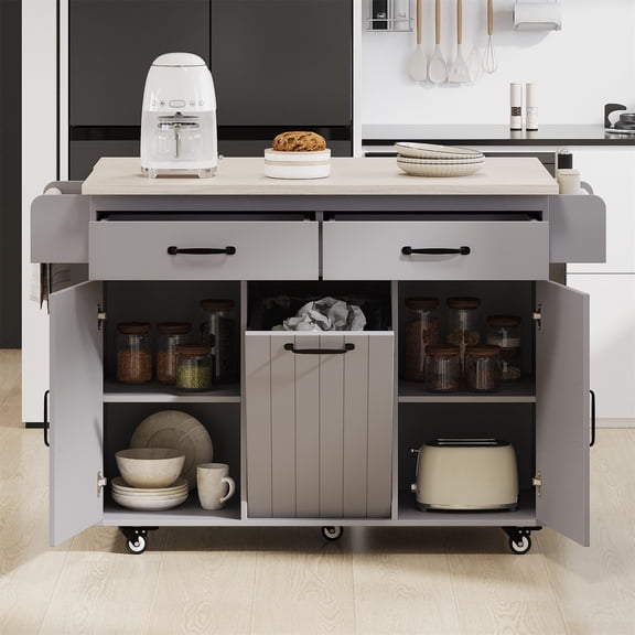 Alvantor Mobile Kitchen Island Carts Rolling Buffet Storage Cabinet with Drop Leaf & Trash Can,Versatile Kitchen Table on Wheels for Dining Room Living Room Grey