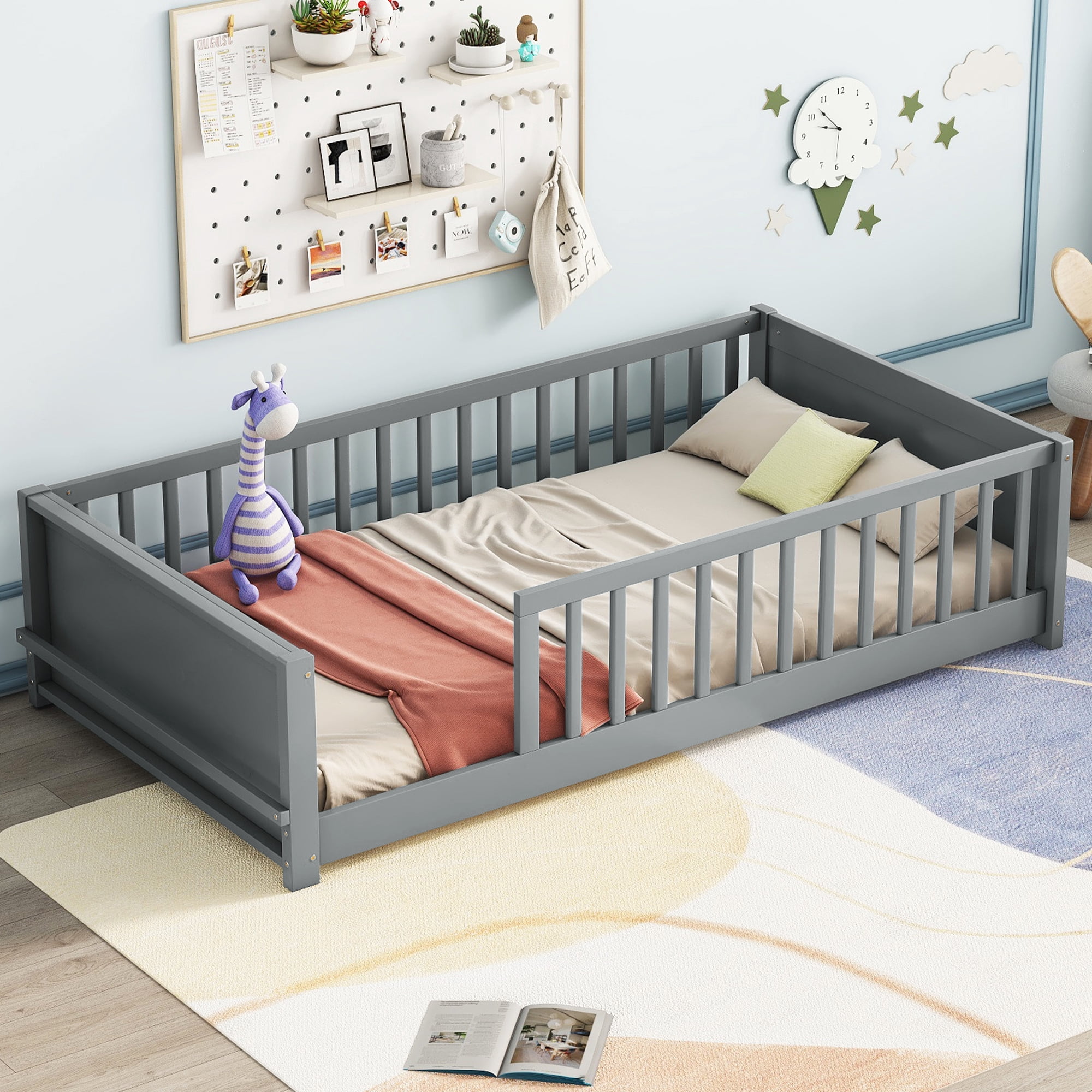 Alvantor Montessori Floor Bed Twin Size with Fence for Kids, Toddler Wooden Platform Bed Gray