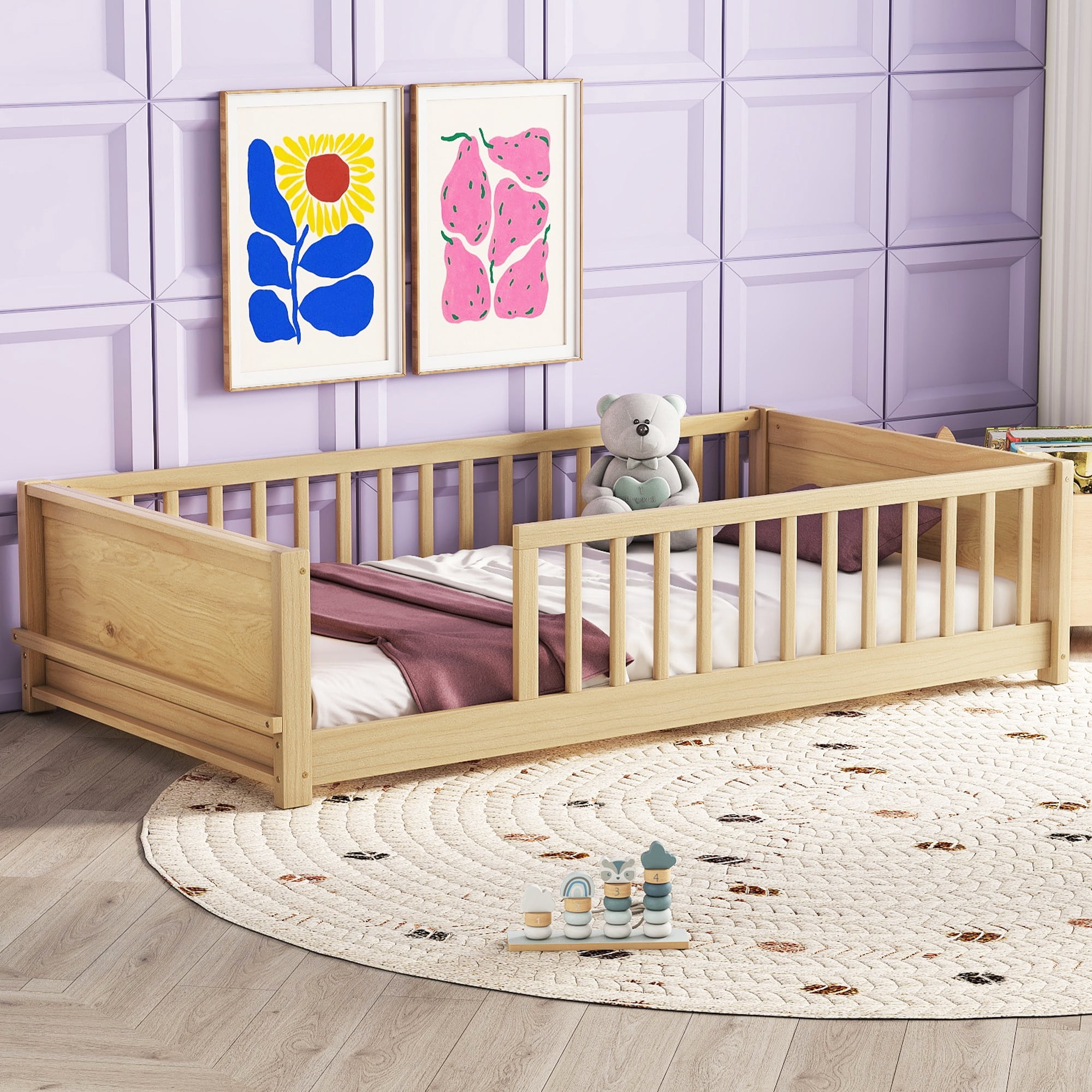 Alvantor Twin Montessori Floor Bed with Guardrail and Platform