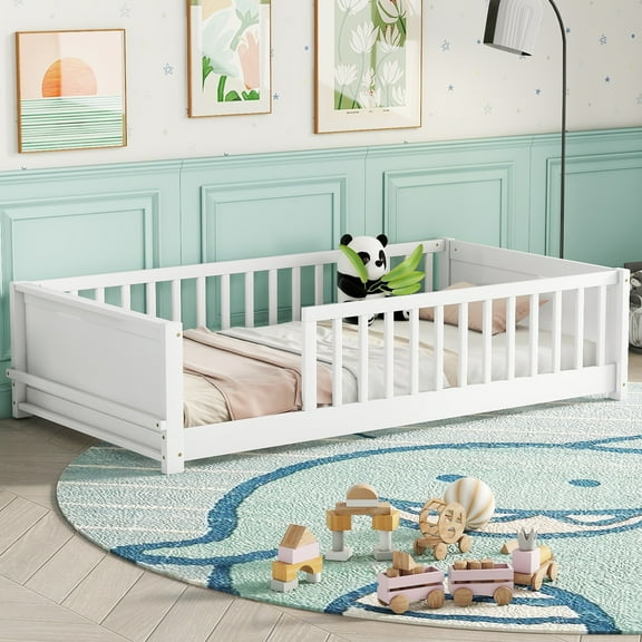 Alvantor Montessori Floor Bed Twin Size with Fence for Kids, Toddler Wooden Platform Bed White