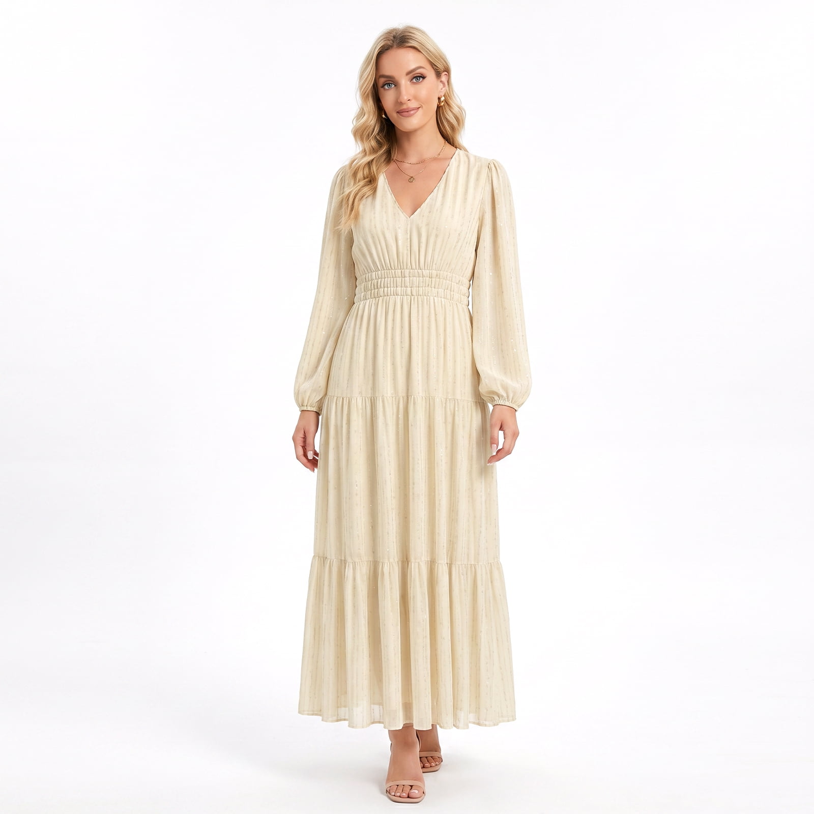 Alvantor Moonbeam Blue Stripe Women's Midi Dress, V-Neck Long Sleeve with Smocked Waist and Tiered Skirt