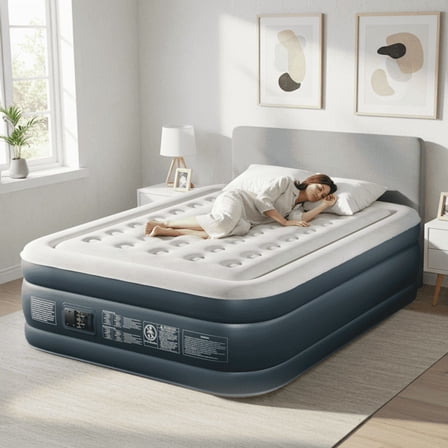 Alvantor Queen Raised Air Mattress with Built-in Electric Pump,Flocked Top Navy Blue 18 in Height 650 lb Capacity